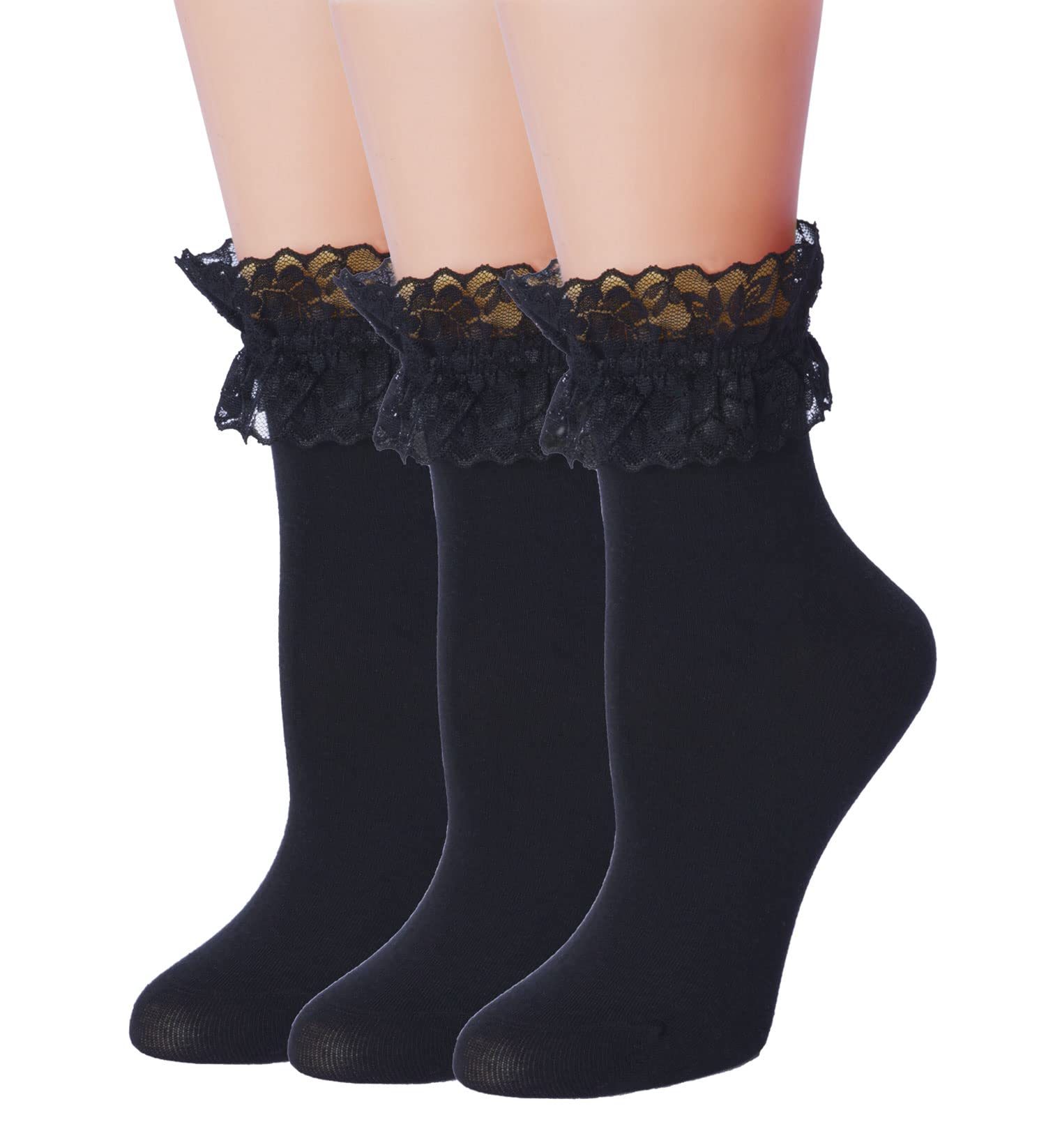 TZYDMN Women's Lace Ruffle Ankle Socks - Cute Frilly Cotton Princess Socks for Girls (3 Pairs, Black) | Perfect for Ballet, Dress-Up & Everyday Fashion