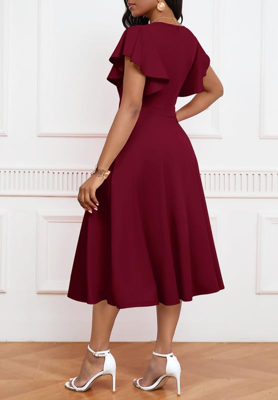 Elegant Women's Cocktail Midi Dress with V Neck & Ruffle Short Sleeves - Wrap A-Line Semi-Formal Wedding Guest Dress for Parties, Dinners & Special Occasions