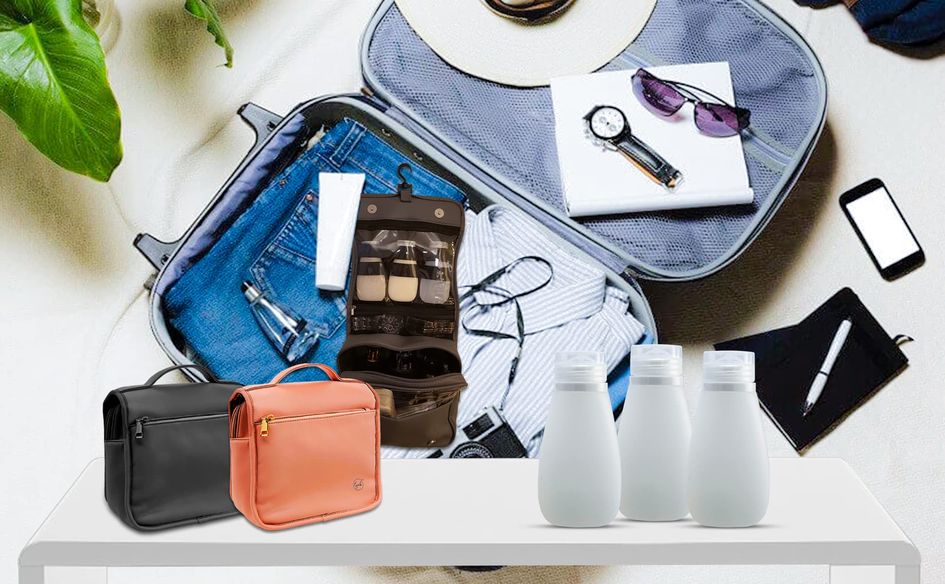 Vegan Leather Hanging Toiletry Bag with Magnetic & Zipper Closure - Compact Travel Organizer for Cosmetics, Makeup & Toiletries (Fits 8-inch Containers) - Ideal for Camping, Gym & Business Trips