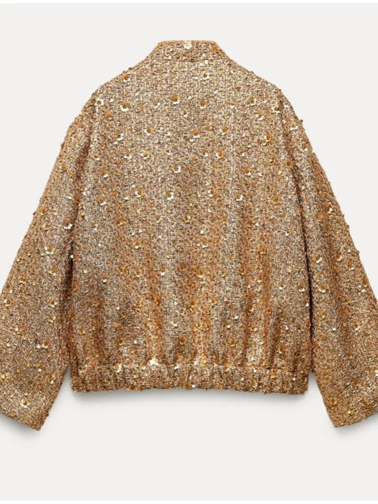 Elegant Gold Sequin Women's Short Jacket with Covered Buttons - Long Sleeve Loose Fit Coat for Autumn | Casual Streetwear for Ladies | Perfect for Parties, Date Nights & Evening Outings
