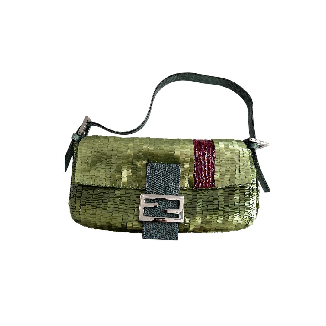 Vintage Fendi Green Sequin Baguette Bag - Luxury Designer Shoulder Bag for Women | Perfect for Evening Parties, Weddings & Special Occasions