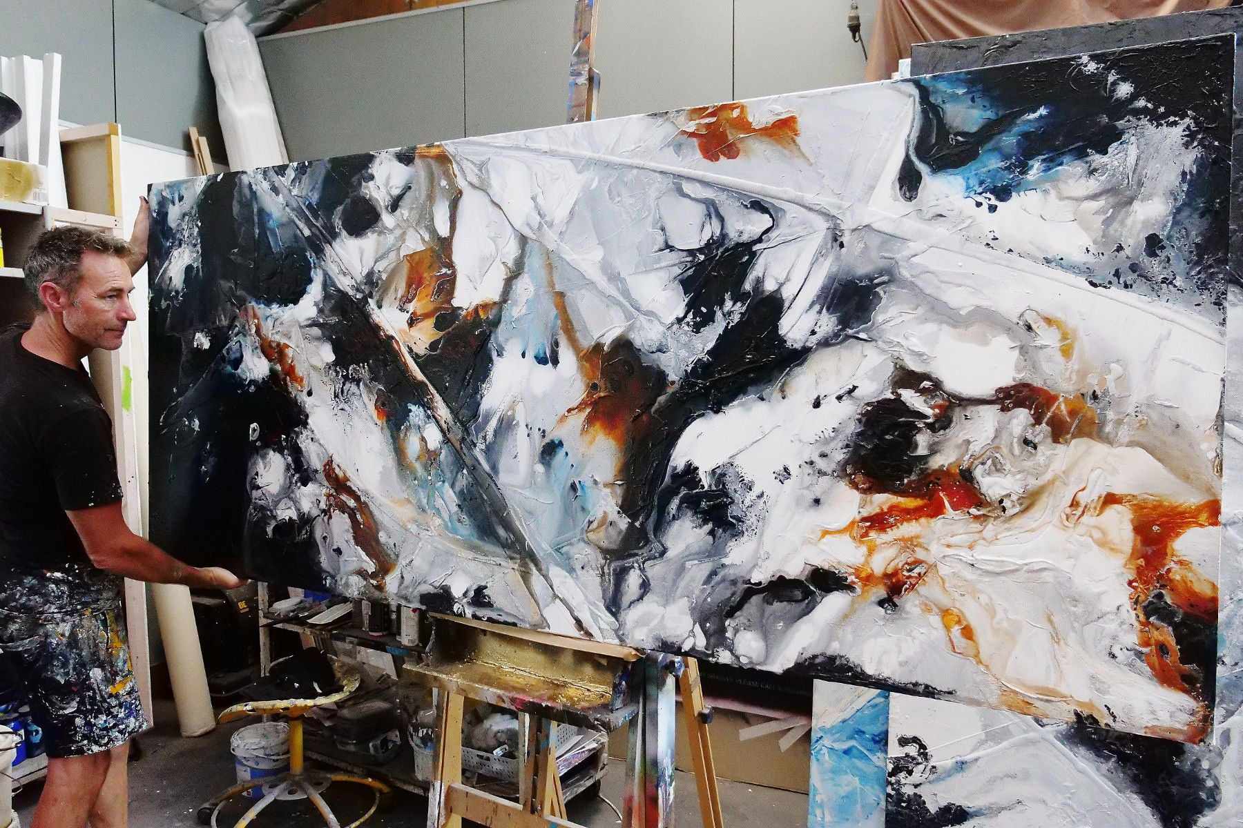 240cm x 100cm Modern Abstract Textured Painting in Grey, White & Black - Large Wall Art for Living Room, Bedroom or Office Decor
