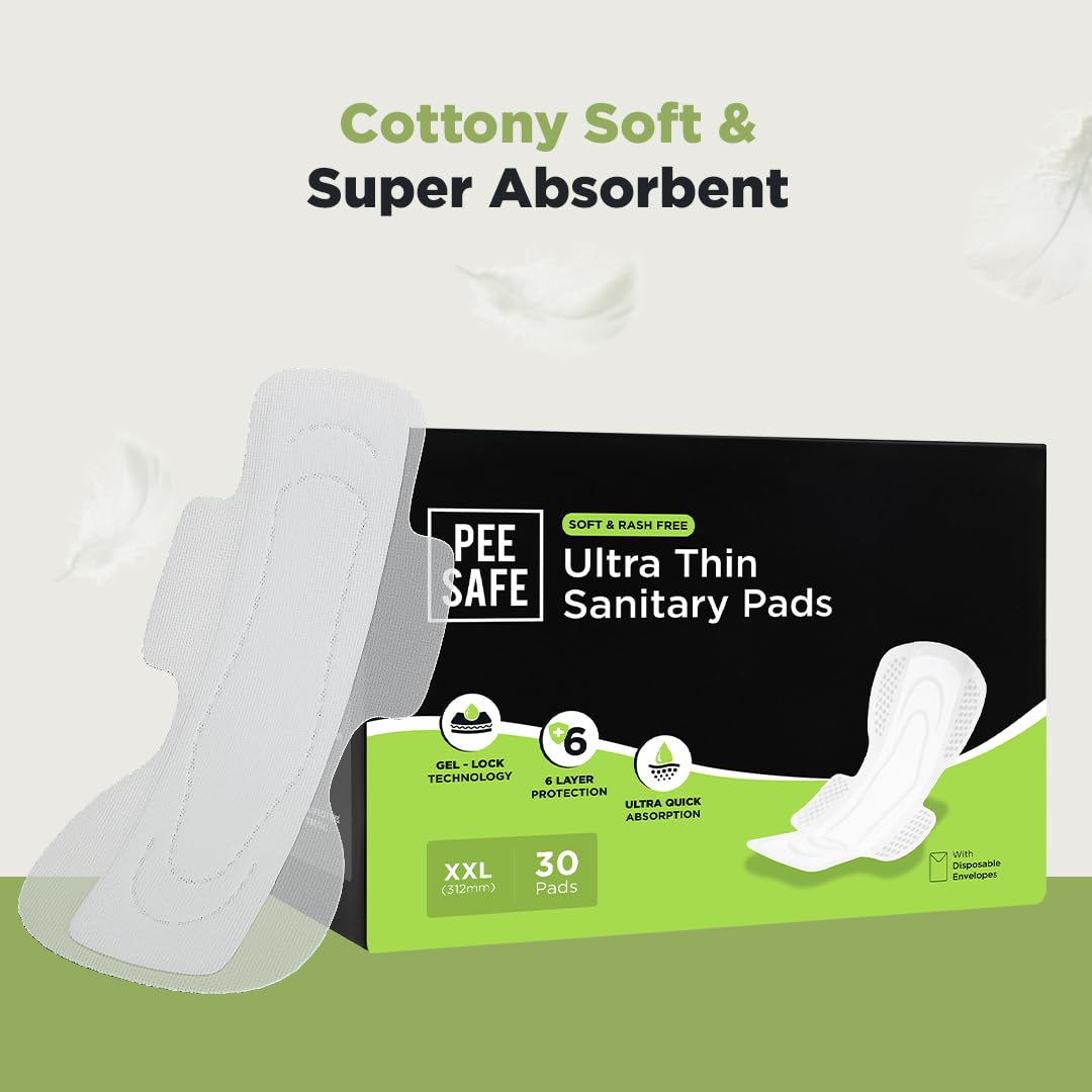 Pee Safe Ultra Thin Sanitary Pads for Women - XXL Size (30 Pads) | Cottony Soft, Rash-Free Protection | Dual Wings & Extra Long Design | Toxin-Free & Unscented | Perfect for Heavy Flow Days, Overnight Use & Active Lifestyles