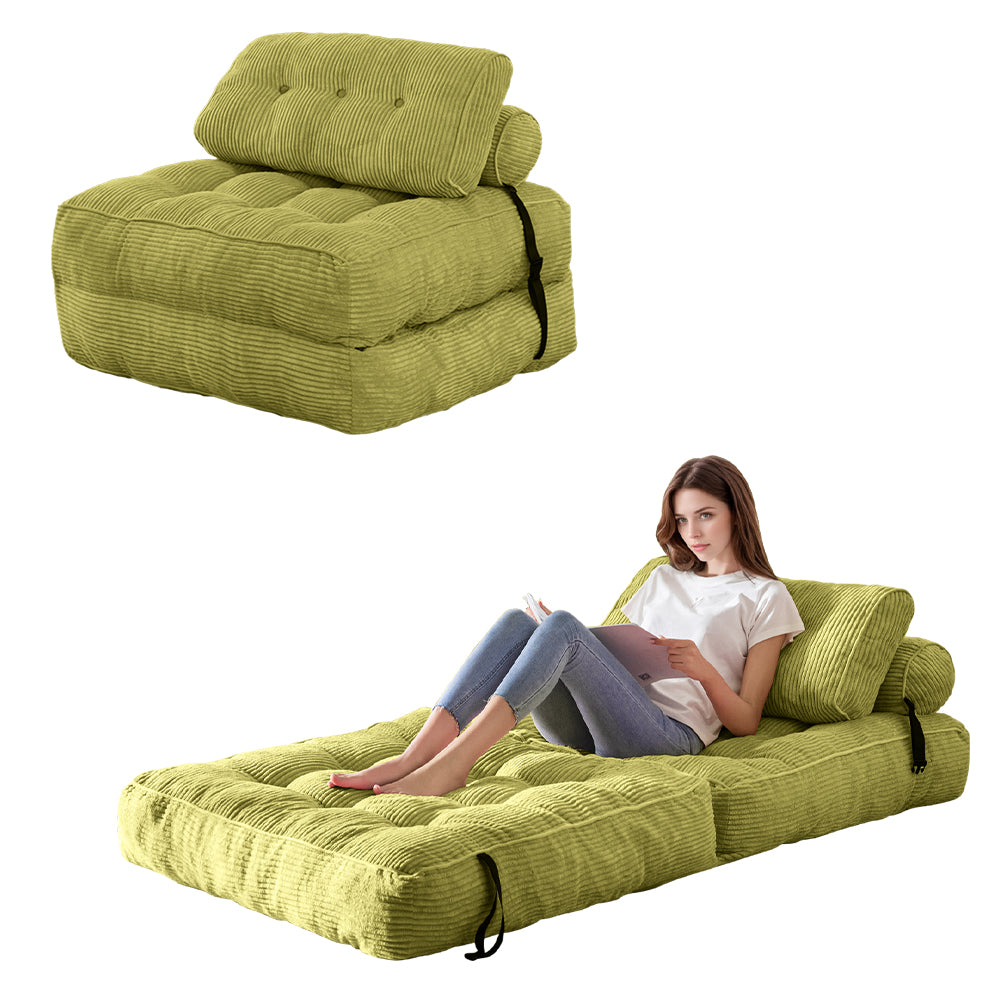 MAXYOYO Corduroy Folding Sofa Bed - Convertible Sleeper Chair with Pillow & Foldable Mattress, Back Support for Living Room, Guest Room & Small Spaces (Green) | Perfect for Apartments, Dorms & Home Offices