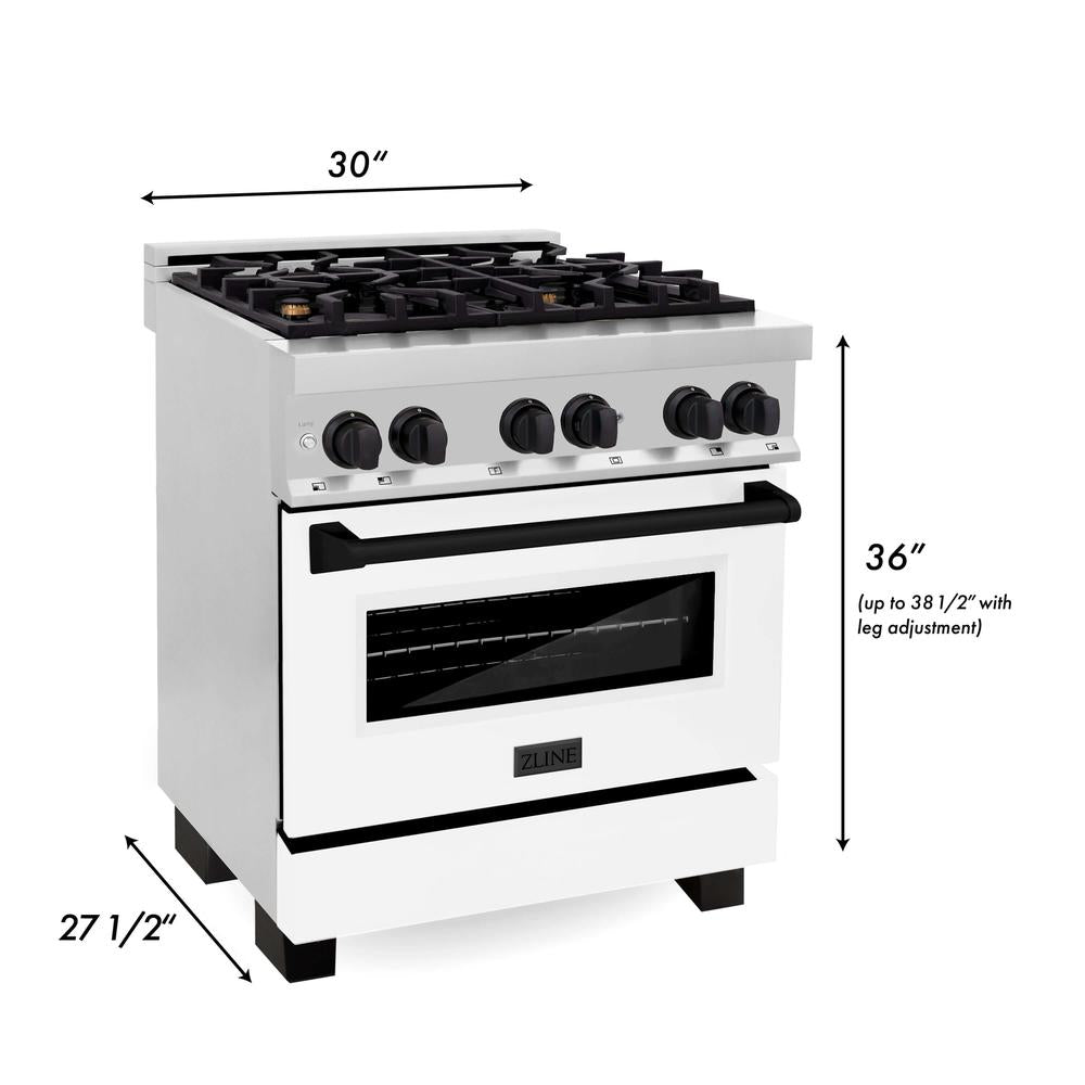 ZLINE Autograph Edition 30-inch Stainless Steel Dual Fuel Range with White Matte Door, Range Hood & Dishwasher - Matte Black Accents | Professional Kitchen Package for Home Chefs & Modern Kitchens (3AKP RAWMRHDWM30 MB)