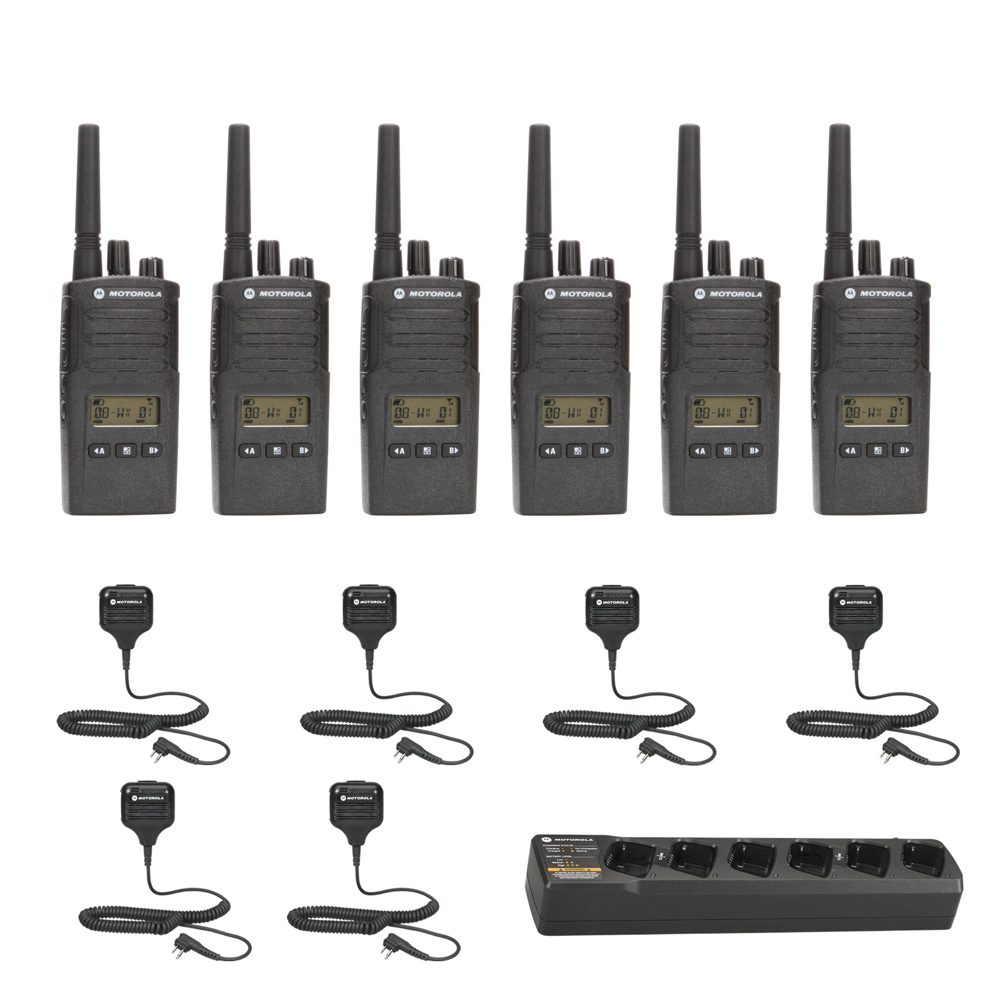 Motorola RMU2080D 6-Pack Two-Way Radio Bundle with Multi-Unit Charger & Speaker Microphones - Ideal for Construction, Warehouses, and Outdoor Adventures