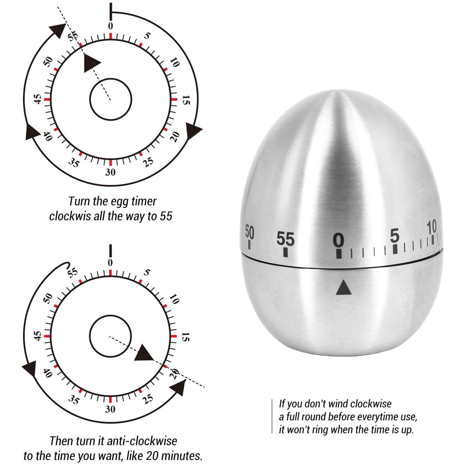 **Stainless Steel Mechanical Egg Kitchen Timer - Manual Countdown Cooking Timer with Loud Alarm for Baking, Kids Cooking & Kitchen Use**    *(Use Cases: Perfect for baking, meal prep, kids' cooking classes, and kitchen time management.)*