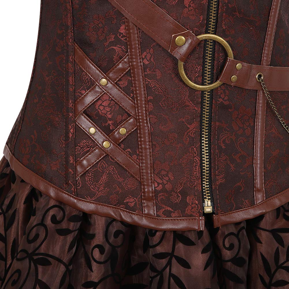 Steampunk Leather Corset Bustier & Skirt 3-Piece Outfit for Women - Victorian Gothic Costume, Cosplay, Burlesque & Halloween Party Attire