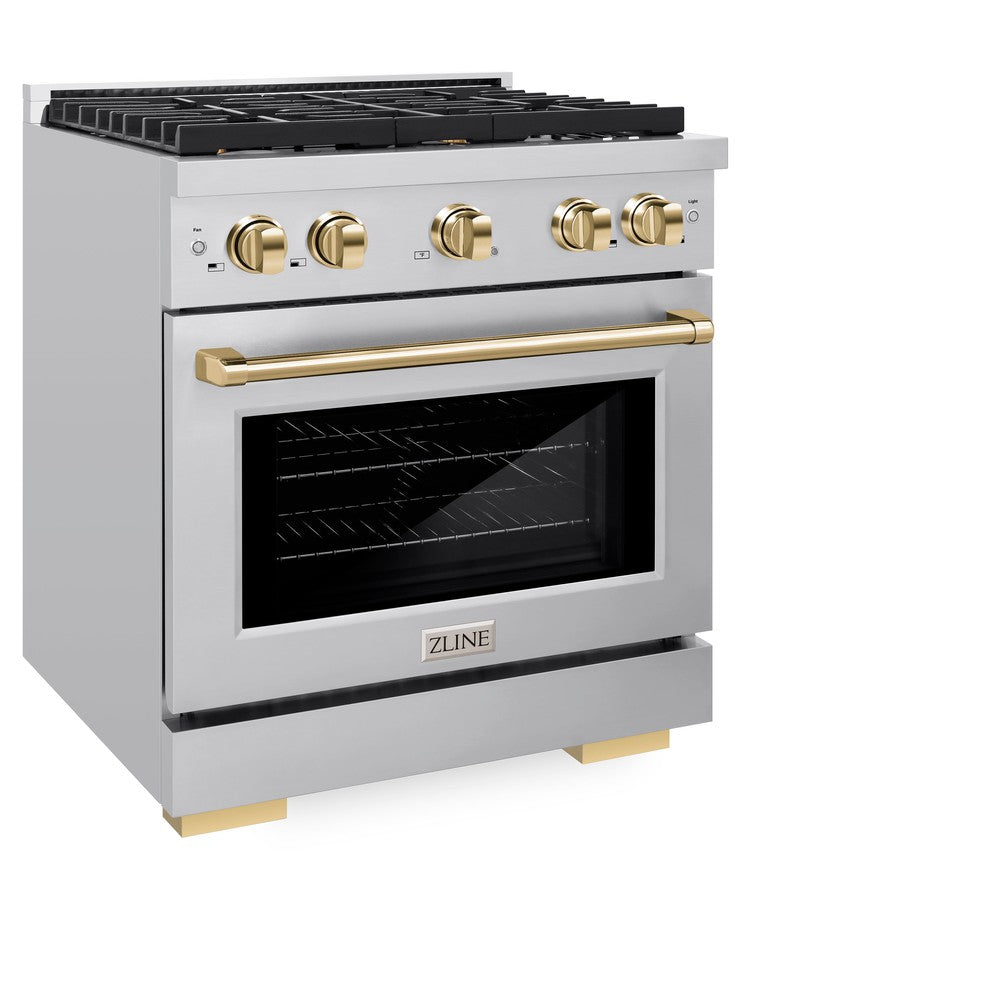 ZLINE Autograph Edition 30-inch 4.2 cu. ft. Dual Fuel Range with 4-Burner Gas Cooktop & Electric Convection Oven - Stainless Steel with Polished Gold Accents (SDRZ 30 G) - Perfect for Gourmet Kitchens & Professional Home Chefs
