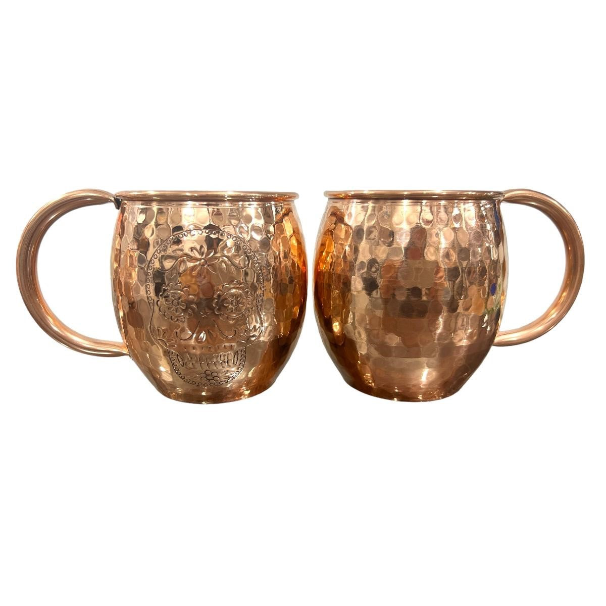 Set of 2 Handcrafted Copper Mugs with Skull Design - Day of the Dead Themed Barware, Hammered & Polished Finish - Perfect for Cocktails, Margaritas, and Halloween Party Decor