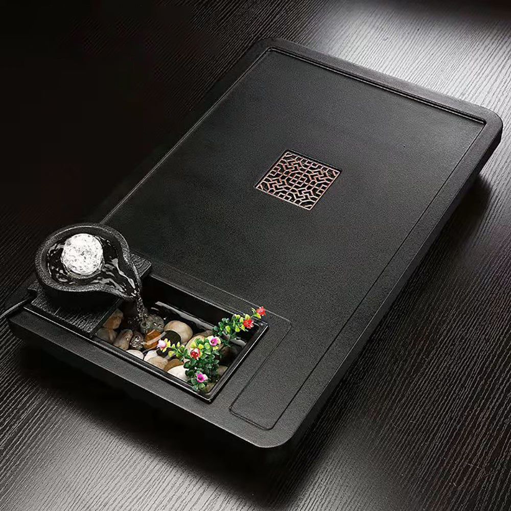 Premium Black Stone Tea Tray with Feng Shui Ball - Elegant Tea Ceremony Set for Zen Meditation & Home Decor