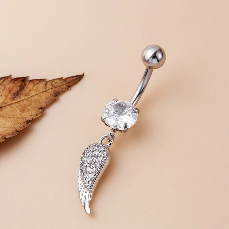 14G Hypoallergenic Flower Feather Belly Button Ring - Surgical Steel Navel Piercing Jewelry for Women | Perfect for Summer Beach, Pool Parties & Boho Fashion