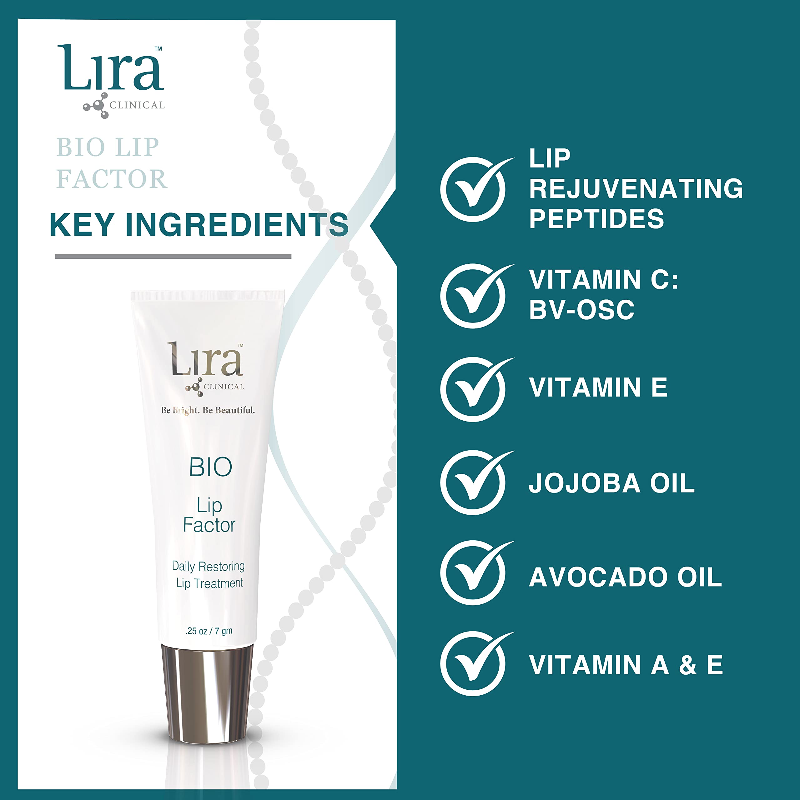 Lira Clinical BIO Lip Factor SPF 15 Lip Balm - Peptide Infused Lip Treatment with Vitamin C, E, Jojoba & Avocado Oil - Hydrating Moisturizer for Dry, Chapped Lips - 0.25 oz | Perfect for Daily Use, Outdoor Activities & Winter Lip Care
