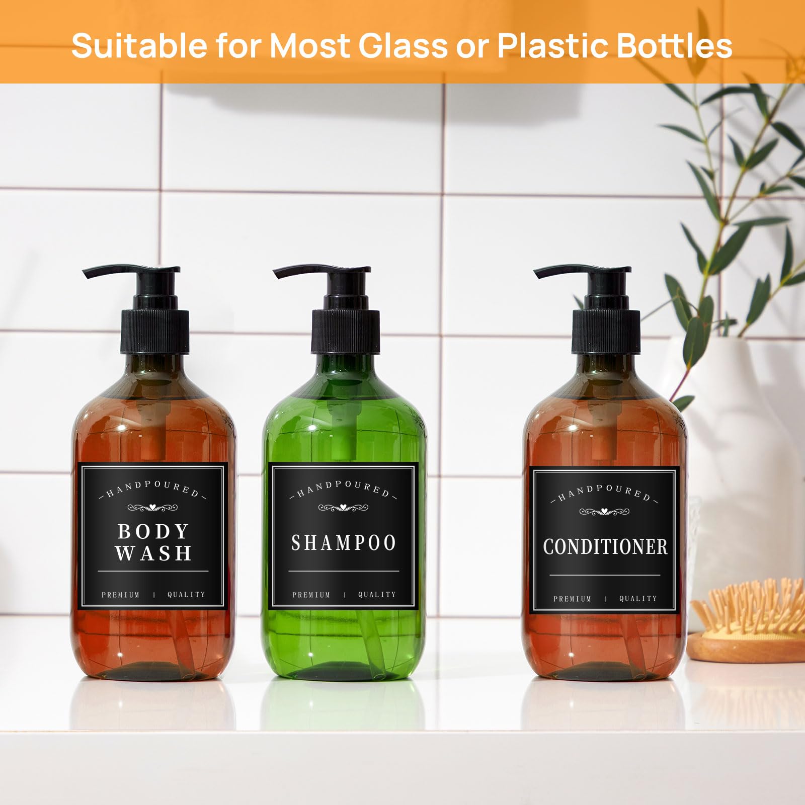12PCS Waterproof Removable Bathroom Labels for Soap Dispenser, Shampoo, Conditioner & Body Wash - Black Organization Stickers for Bathroom Storage & Home Organization (Perfect for Spa, Gym & Travel)