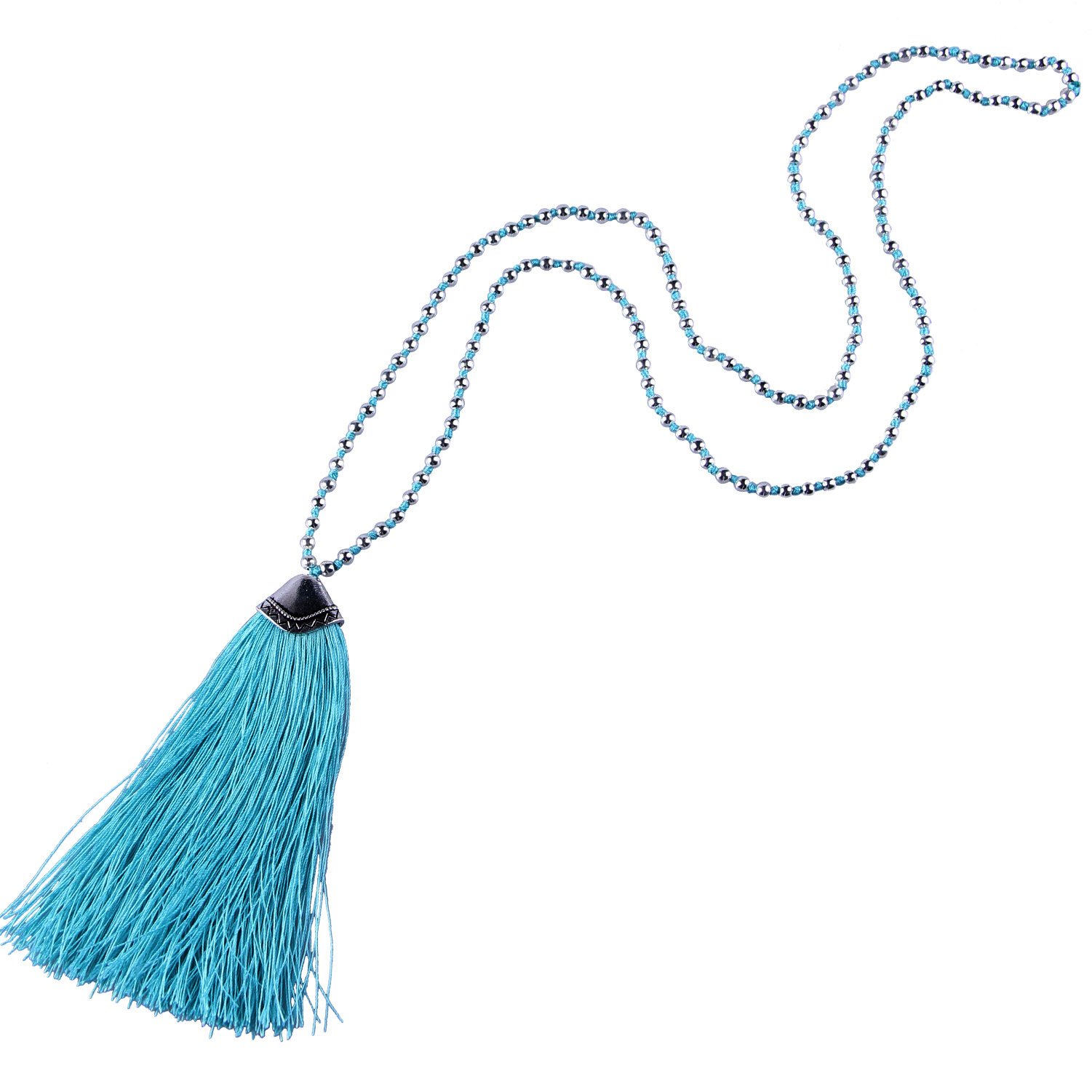 KELITCH 925 Silver Beaded Bohemian Necklace for Women with Tassel - Perfect for Boho Style, Festival, and Casual Wear
