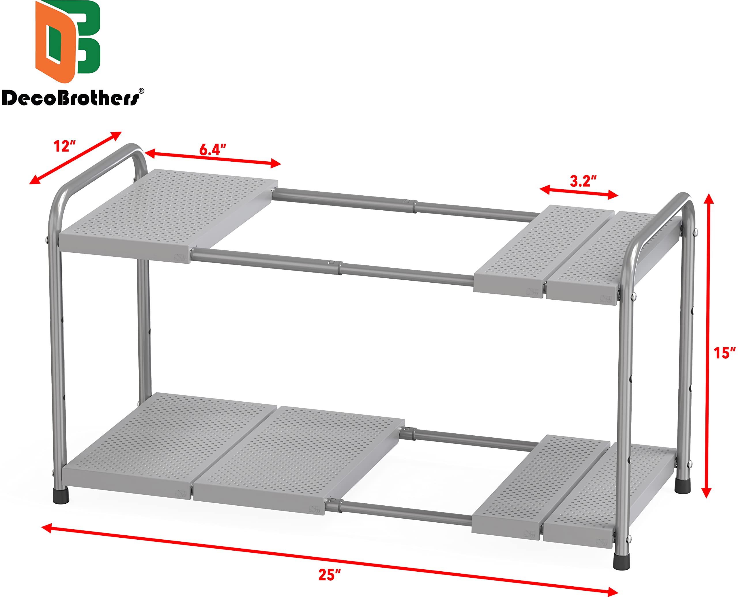 Deco Brothers 2-Tier Expandable Under Sink Shelf Organizer - Space Saving Kitchen Storage Rack for Bathroom & Cabinet Organization (Gray) - Perfect for Small Spaces & Clutter-Free Homes