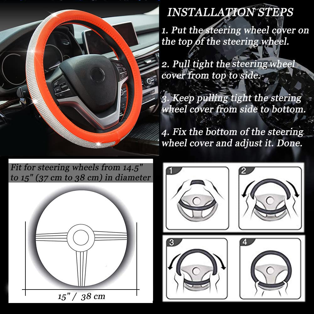 Diamond Leather Steering Wheel Cover with Bling Crystal Rhinestones - Universal Fit 15 Inch Car Wheel Protector for Women & Girls - Orange Luxury Car Accessory for Daily Driving & Gift Giving
