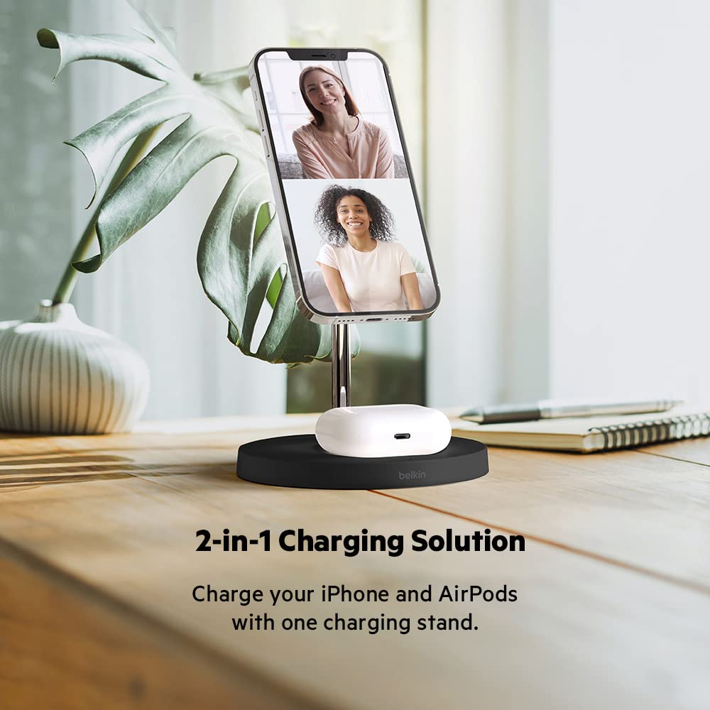 Belkin MagSafe 2-in-1 Fast Wireless Charging Stand for iPhone 16/15/14/13 & AirPods - MFi Certified Magnetic Charging Station for Multiple Apple Devices - Black - Perfect for Home, Office & Travel Charging
