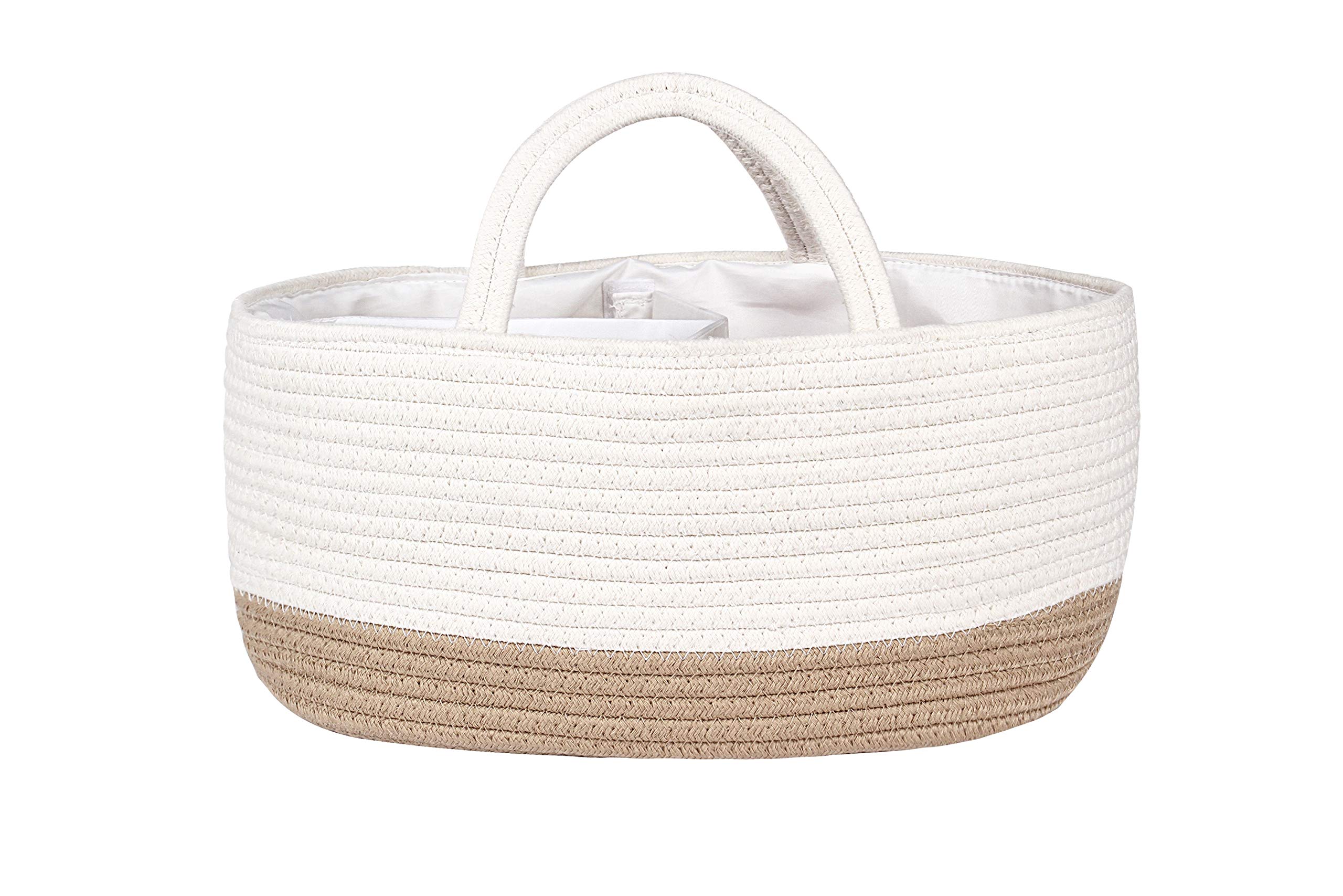 Mila Millie Baby Diaper Organizer - Large Cotton Rope Storage Bin for Nursery Essentials | 15.5x10x7 Inch | 100% Natural Eco-Friendly Cotton (White & Beige) | Perfect for Baby Showers, Nursery Organization & Diaper Storage