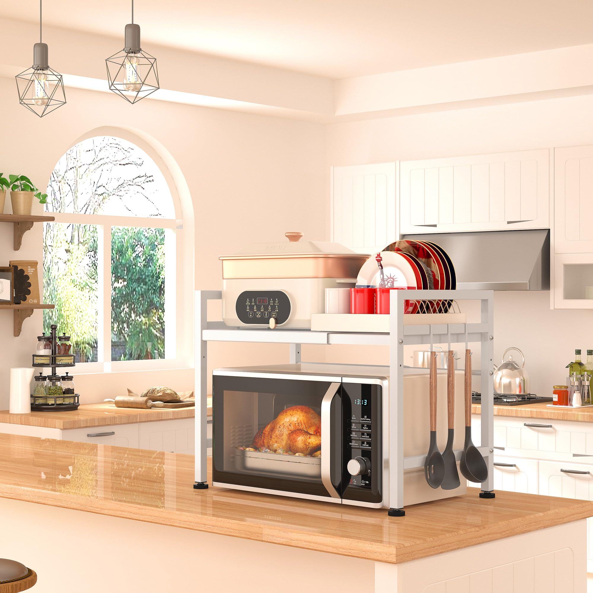 PUSDON 2-Tier Extendable Microwave Oven Rack - White | Space Saving Kitchen Organizer for Small Appliances | Perfect for Microwave Storage, Spice Racks & Countertop Organization