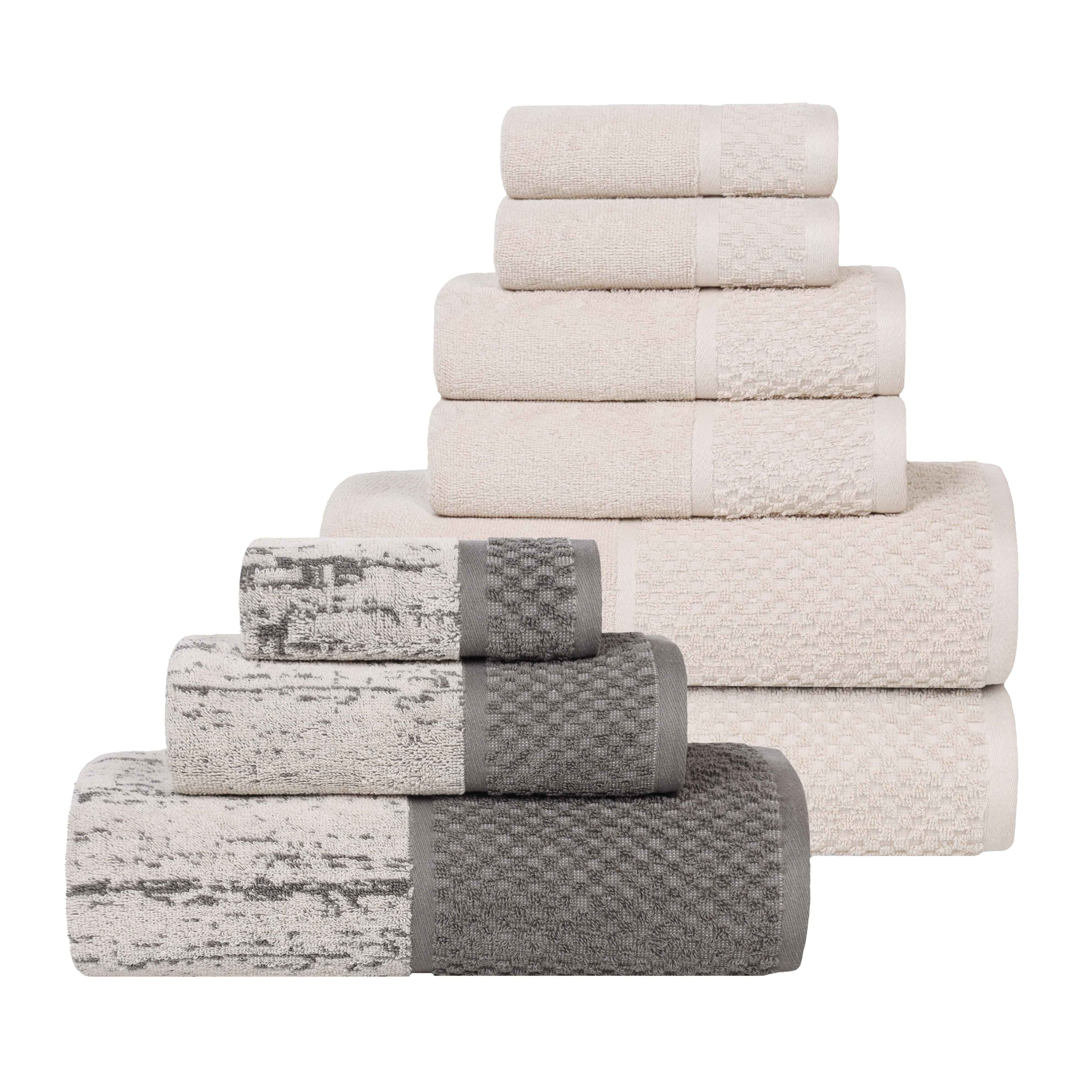 Premium 9-Piece Cotton Plush Jacquard Towel Set - Soft & Absorbent Solid & Two-Toned Bath Towels for Luxury Bathroom & Spa Experience
