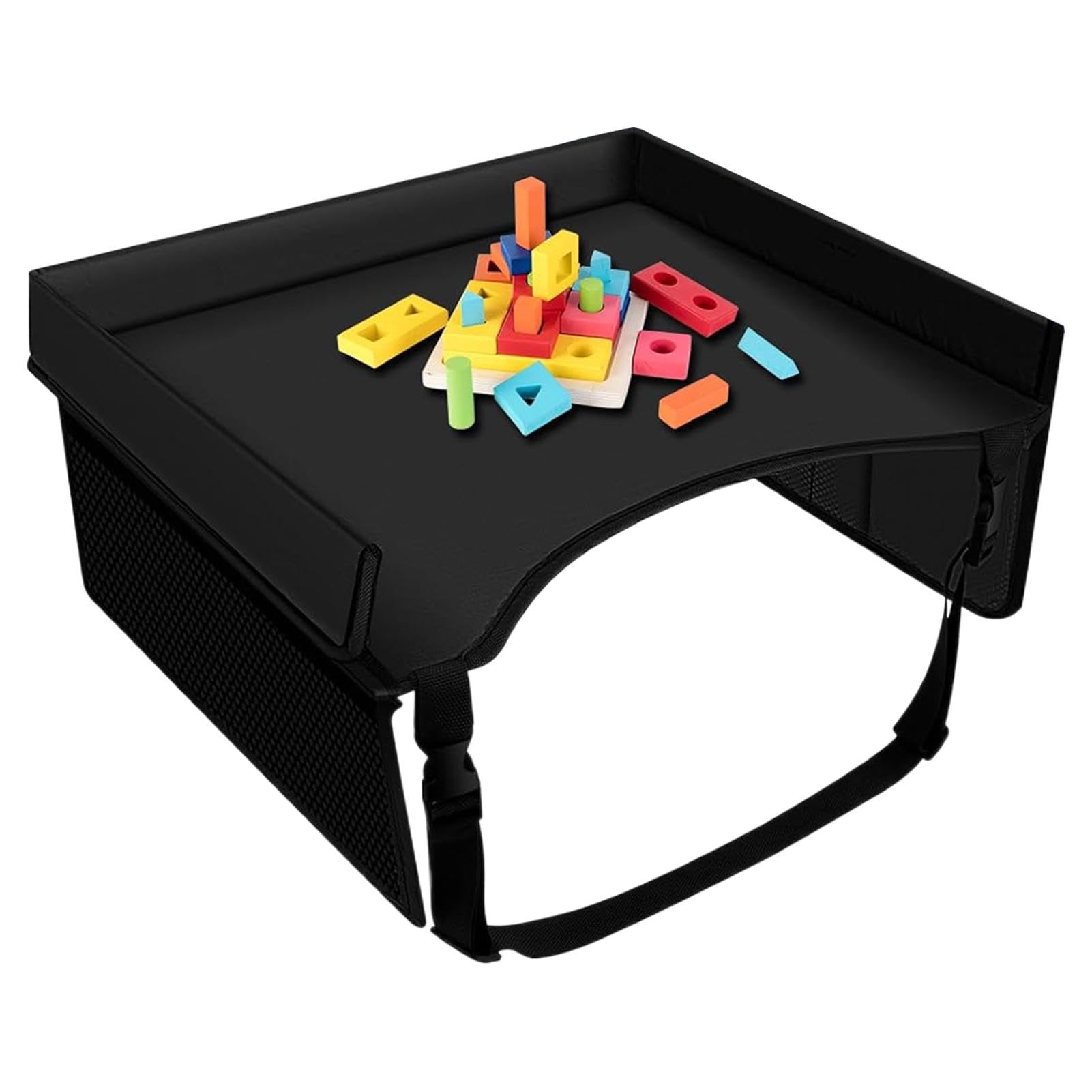 Foldable Kids Car Seat Tray with Adjustable Strap & Pocket - Travel Lap Desk for Snacks & Toys