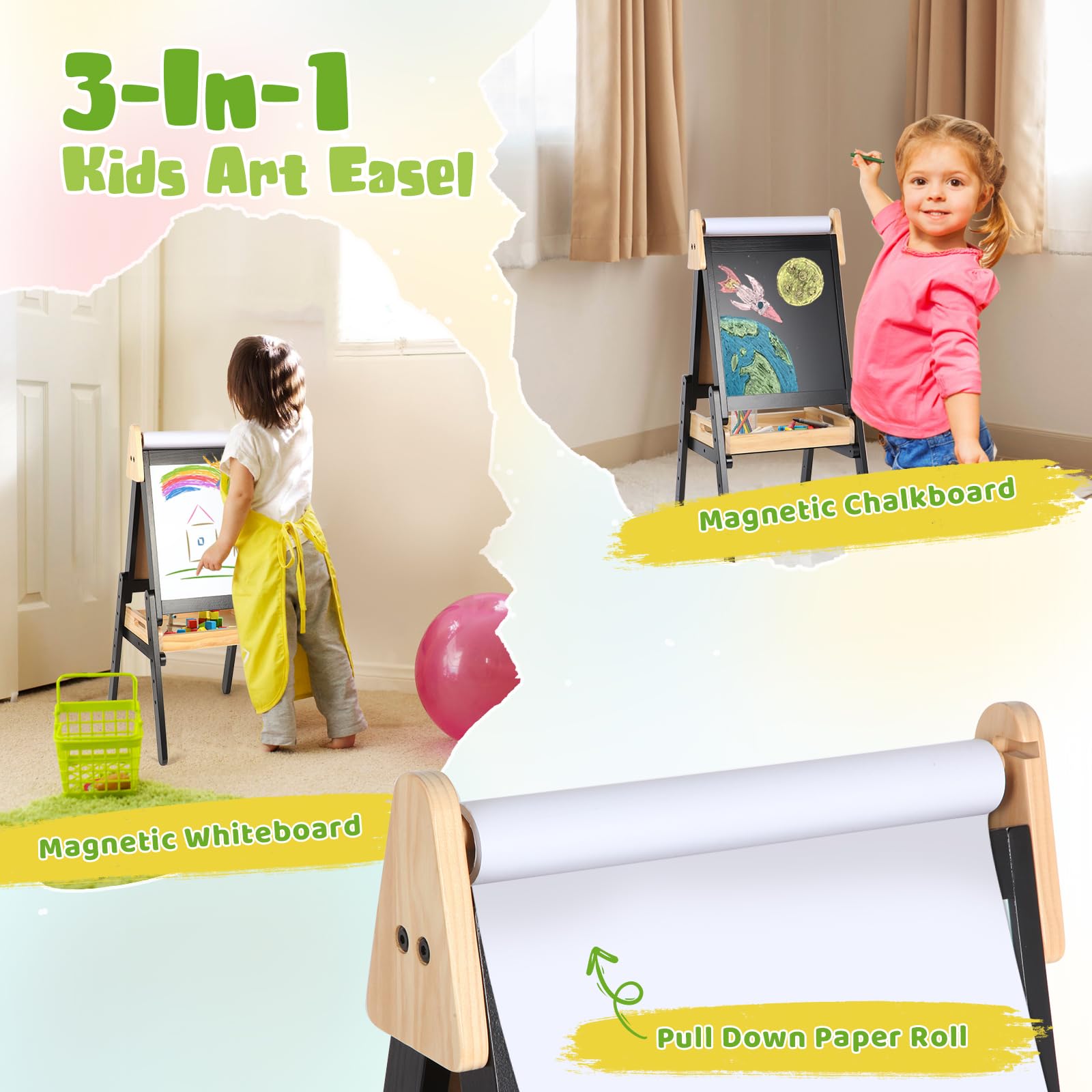 3 in 1 Adjustable Height Kids Easel with Wood Tray - Double Sided Magnetic Chalkboard & Whiteboard, Includes Paper Roll - Perfect for Toddlers Age 2+ (Black) | Ideal for Home, Classroom & Preschool Art Activities, Drawing & Learning