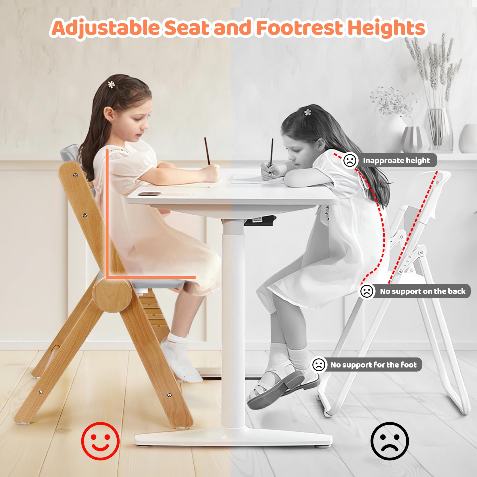 Ezebaby Adjustable Wooden High Chair for Babies & Toddlers - Foldable, Grow with Your Child Design, 3-Position Seat & Footrest, Removable Cushion & Double-Layer Tray (Grey) - Perfect for Dining, Feeding & Playtime at Home or Restaurant