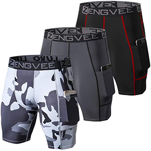 ZENGVEE Men's 3 Pack Compression Shorts with Pockets - Running, Gym, Yoga, Swimming, Climbing, Cycling & Workout Shorts for Active Lifestyle & Sports Performance