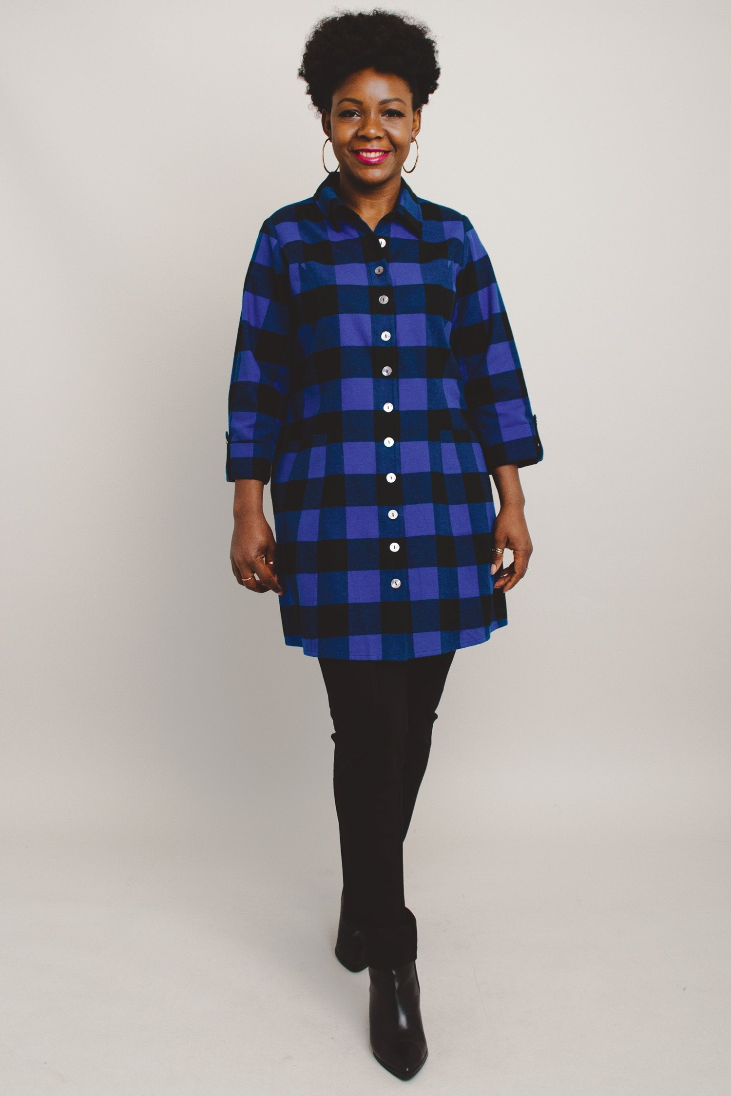 Larissa Tunic Top - Blue Plaid Cotton Flannel Shirt for Women | Cozy Fall & Winter Layering Piece