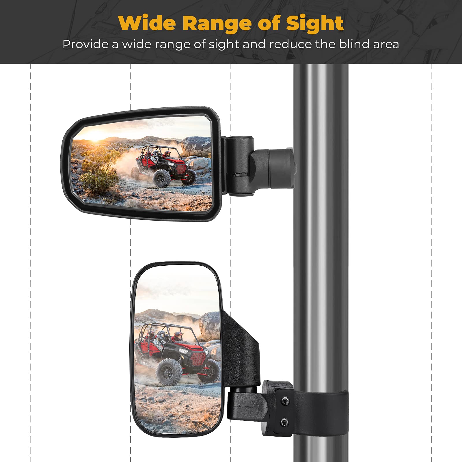 KEMIMOTO Adjustable Folding Aluminum UTV Side Mirrors - Compatible with 2014-2023 Polaris RZR XP 900/1000 Turbo Trail - Durable Bolt-On Clamp Mount Accessories for Off-Road Adventure & Trail Riding