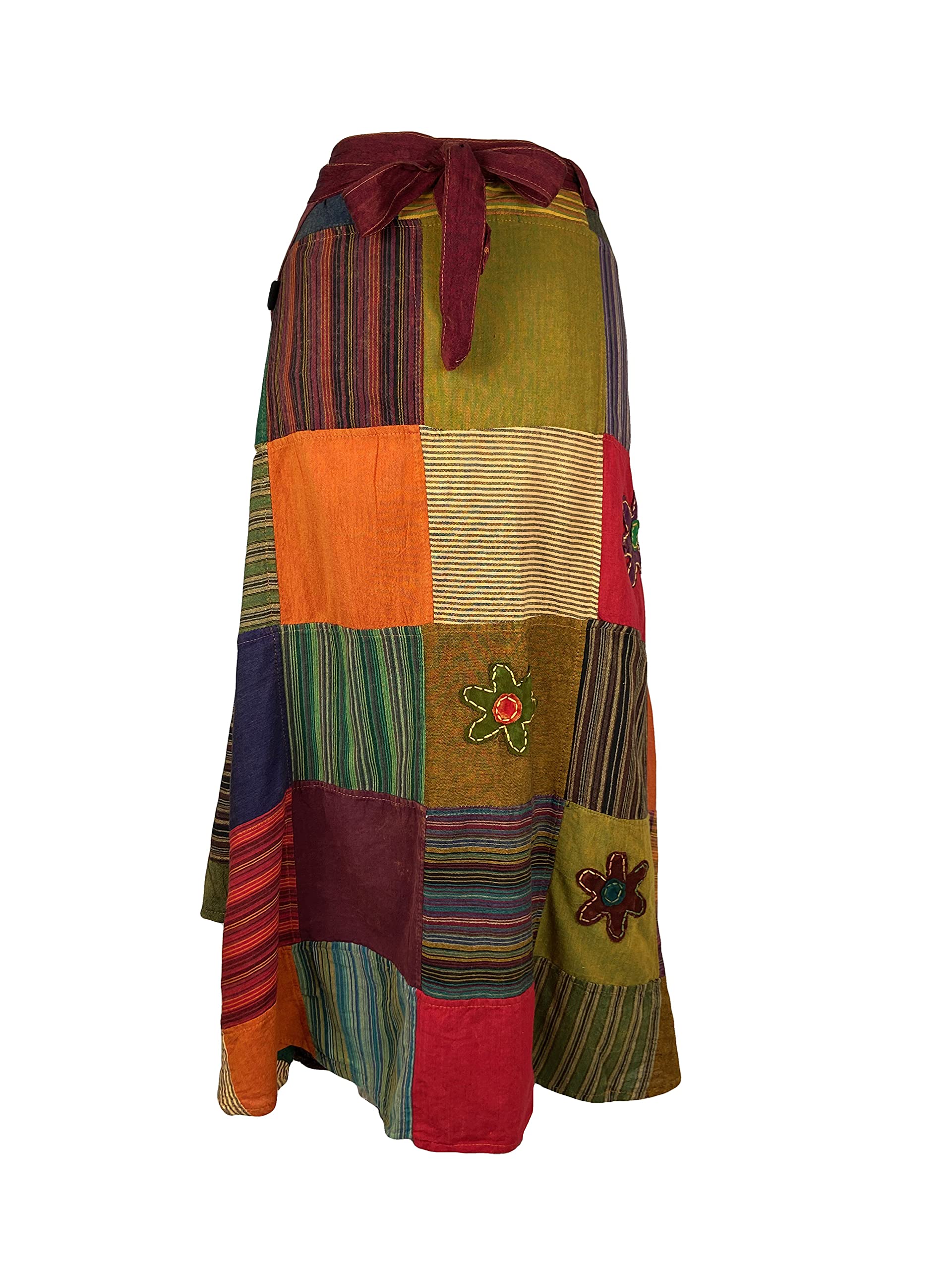 Agan Traders Women's 2025 Spring & Fall Boho Maxi Skirt - High Waisted Long Bohemian Wrap Skirt with Patchwork & Tie Up Detail | Perfect for Beach, Festival, and Casual Wear
