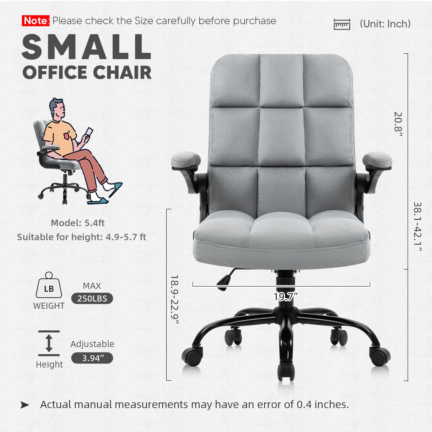 SEATZONE Ergonomic Home Office Chair - Adjustable Fabric Upholstered Desk Chair with Armrests & Lumbar Support - Modern Executive Swivel Task Chair for Computer Work, Gaming & Remote Work - Grey