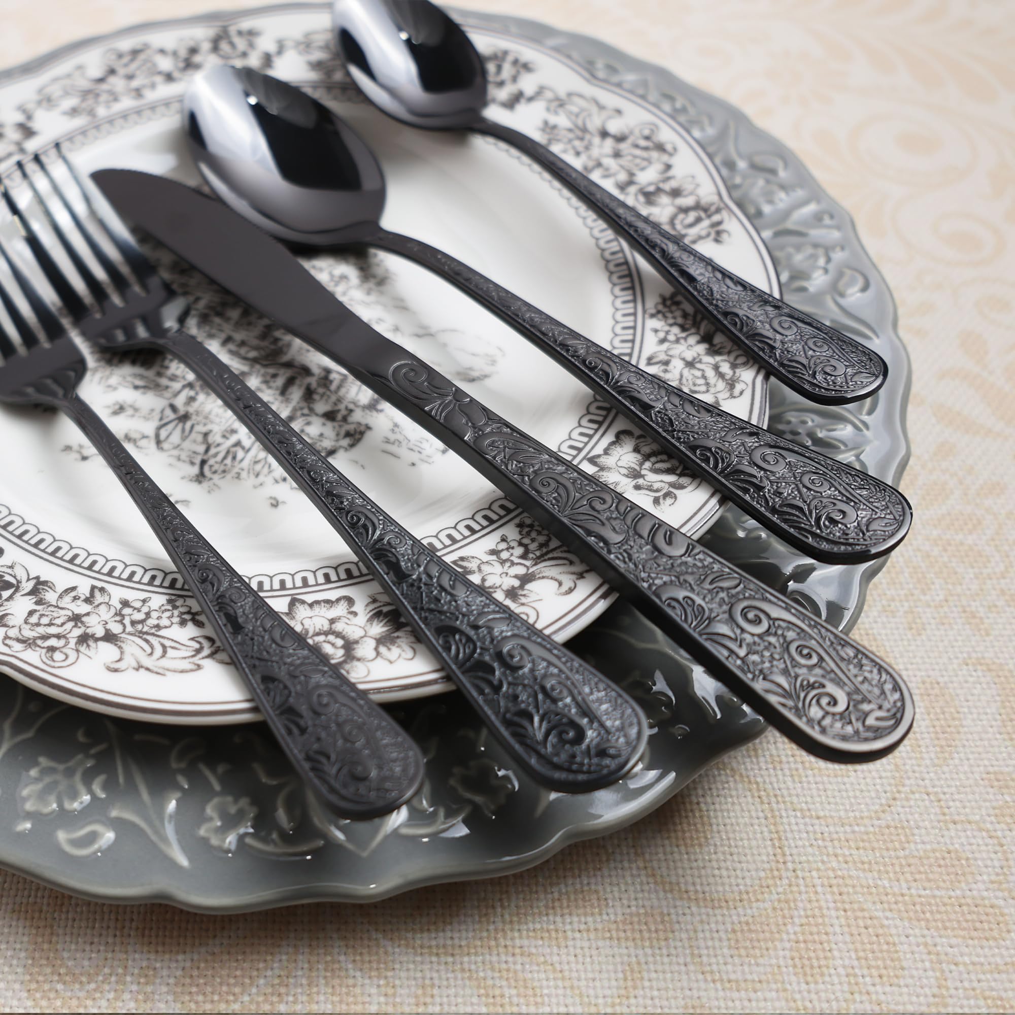Vintage Carved Black Stainless Steel 20-Piece Flatware Set - Modern Embossed Cutlery Utensils with Forks, Spoons & Knives - Elegant Dinnerware for Restaurants, Weddings & Home Dining