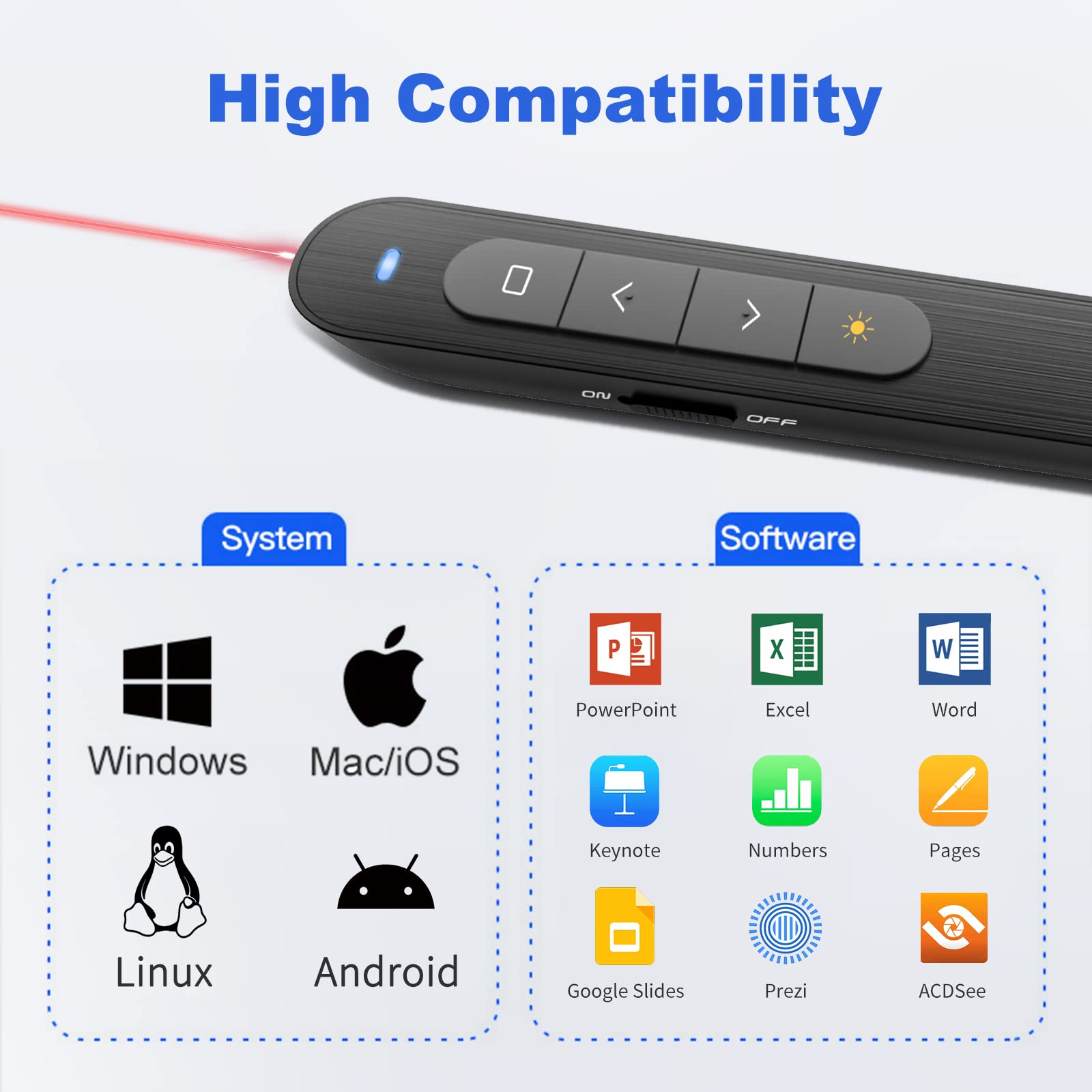Wireless Presentation Clicker with Laser Pointer - PowerPoint Remote for Mac, Keynote, Laptop, Computer - Ideal for Business Meetings, Classroom Teaching, and Online Presentations