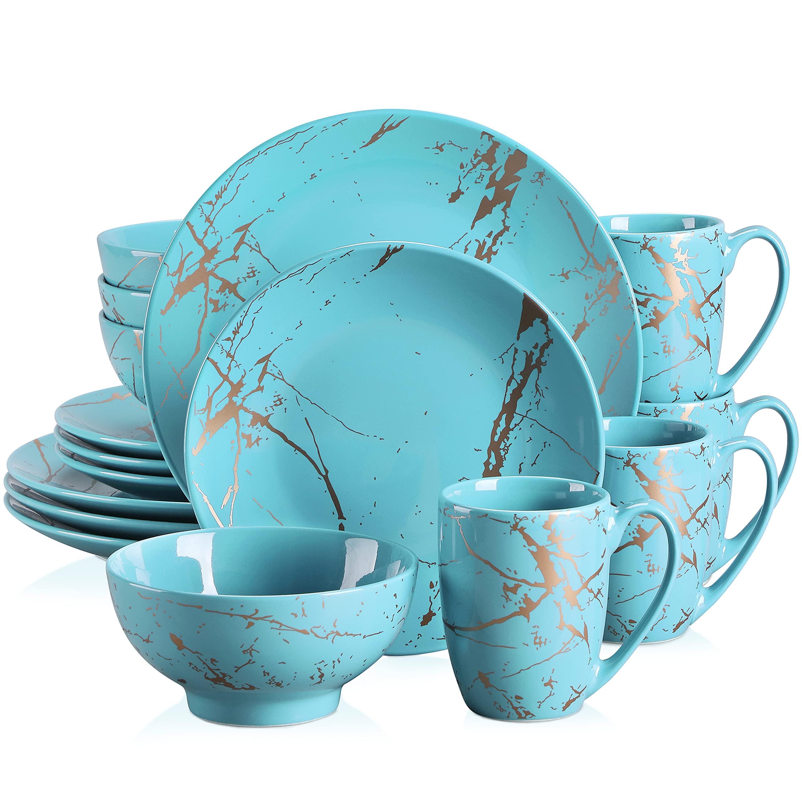 LOVECASA 16-Piece Porcelain Dinner Set for 4 - Marble Design with Gold Trim & Light Blue Glaze | Includes Dinner Plates, Dessert Plates, Bowls & Mugs | Elegant Tableware for Holiday Dinners, Wedding Gifts & Fine Dining