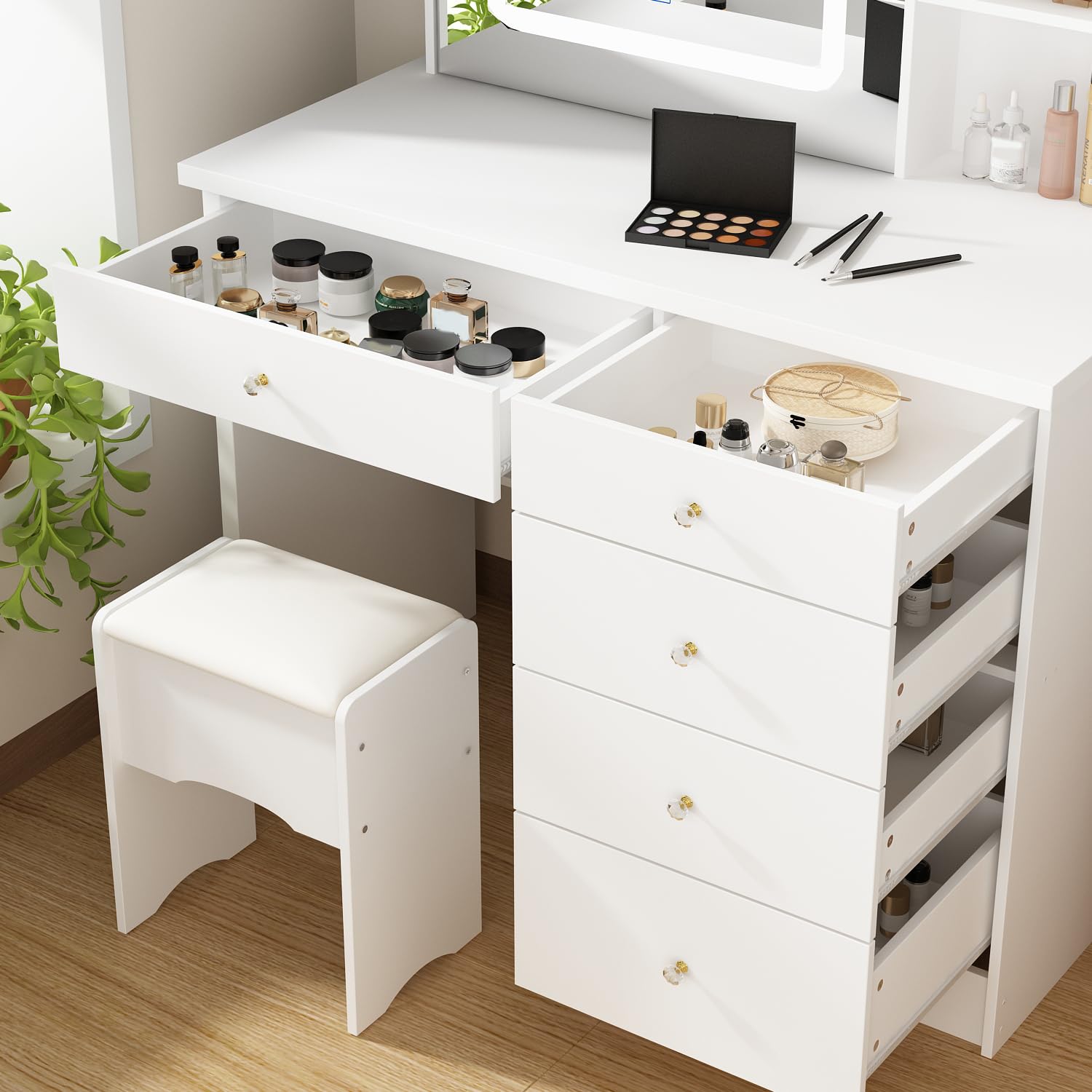 Hitow White Vanity Desk Set with LED Lighted Mirror, Makeup Dressing Table with Drawer & Storage Shelf, Includes Cushioned Stool - Perfect for Bedroom, Beauty Salon & Home Decor (Vanity Set for Women)