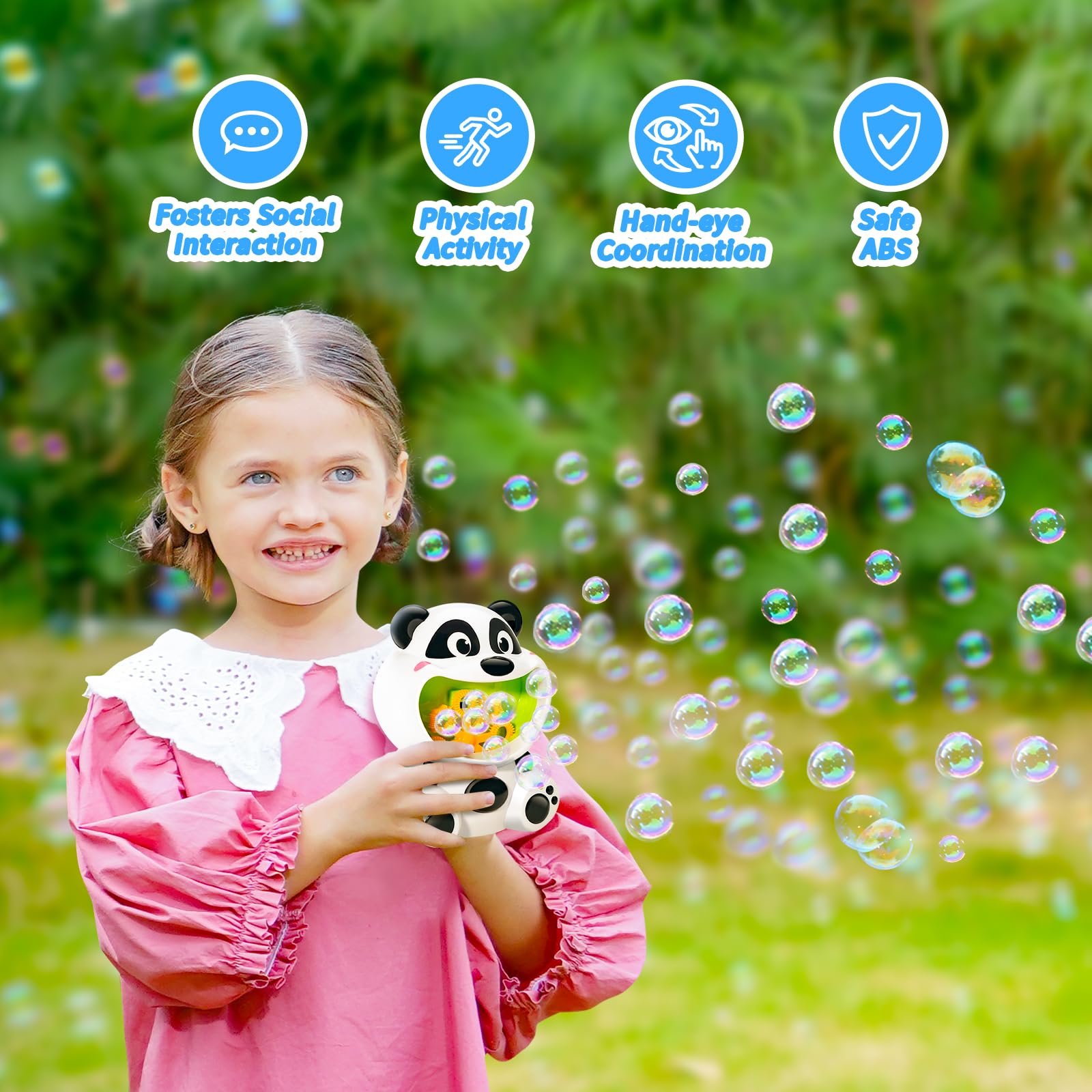 Panda Bubble Blower Machine for Kids - Automatic Bubble Maker Toy with 4oz Bubble Solution, Perfect Outdoor Birthday Party Favors, Summer Backyard Games & Toddler Gifts for Ages 1-3 Years Old