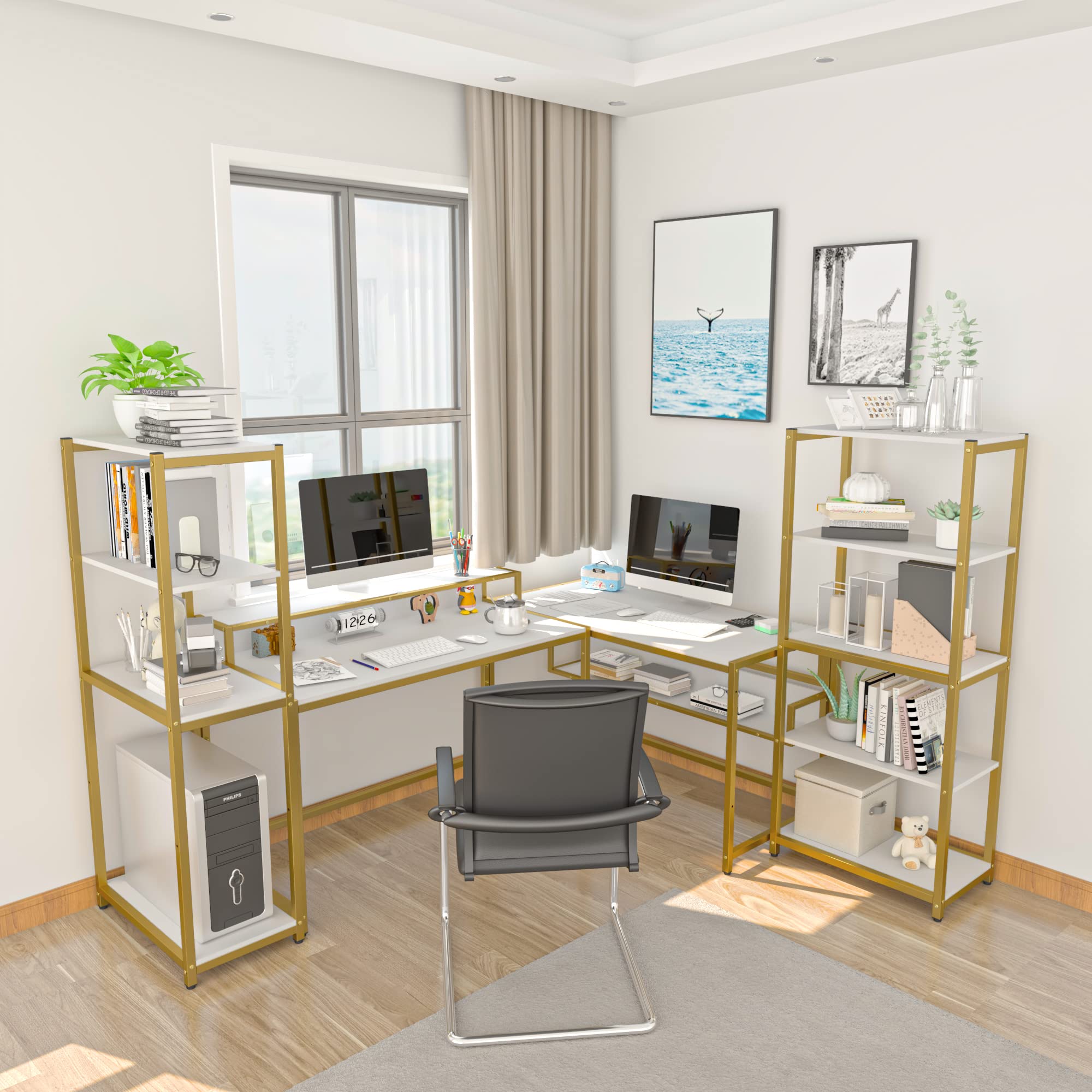 Teraves 33 Inch Computer Desk with 5 Tier Shelves - Reversible Writing Desk with Storage for Home Office, Study Table & Bookcase - Perfect for Small Spaces, Gaming Setup, and Remote Work