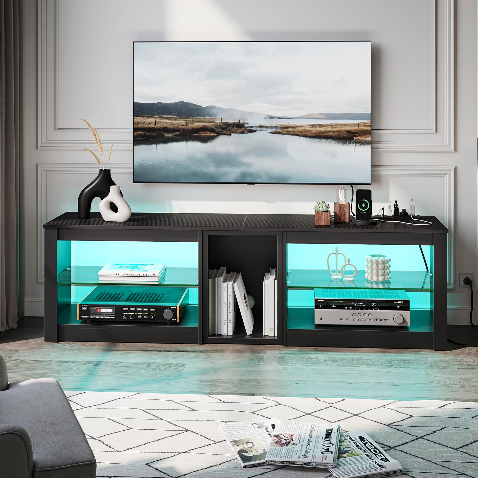 Bestier 70 Inch TV Stand with Power Outlets & LED Lights - Modern Entertainment Center for PS5, Xbox & Gaming Consoles - Black Carbon Fiber TV Console with Tempered Glass Shelves - Perfect for Living Room & Home Theater Setup