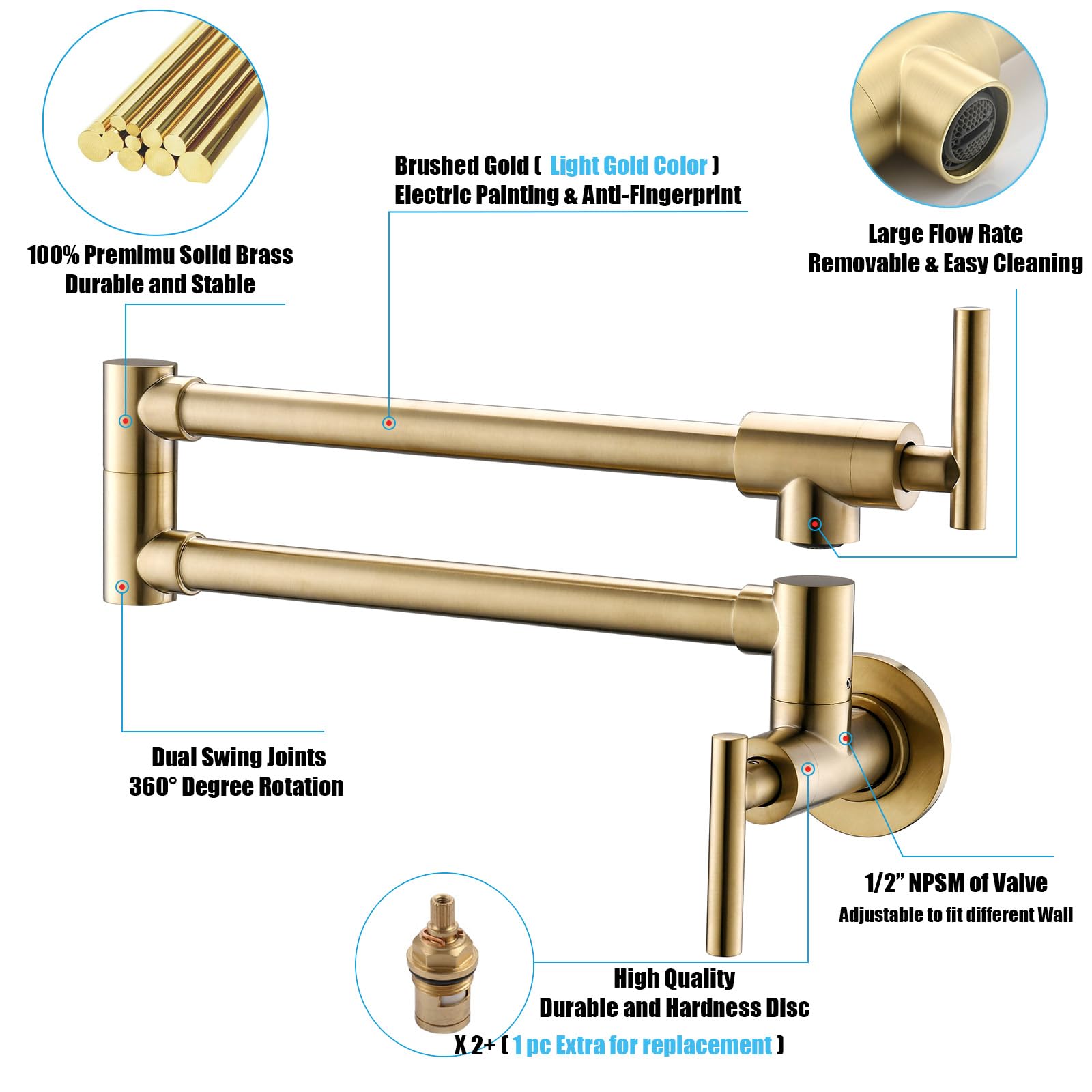 Premium Brushed Gold Wall-Mounted Commercial Pot Filler Faucet - Brass & Copper Construction with Stretchable Double Joint Swing Arms for Kitchen, Coffee Machine & Bar Use - Style A - Ideal for Professional Chefs & Home Cooking Enthusiasts