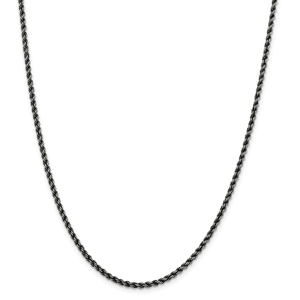 Sterling Silver Ruthenium Plated 2.5mm Rope Chain Necklace for Men & Women - 16
