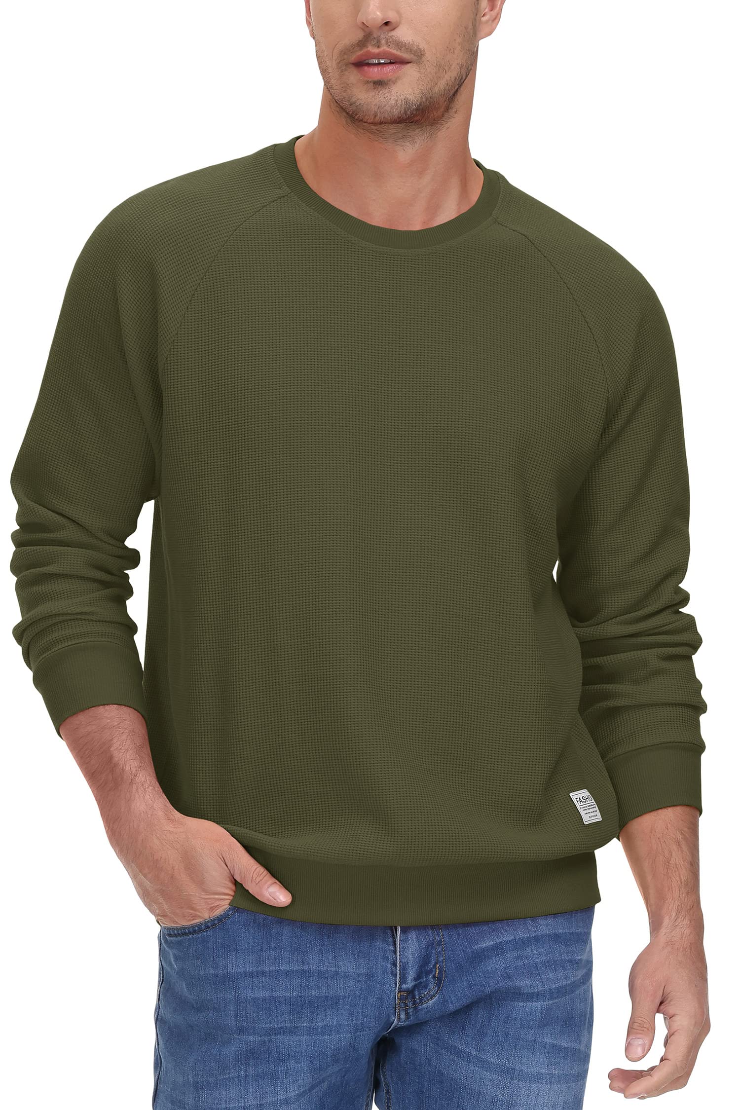TACVASEN Men's Waffle Knit Crewneck Sweatshirt - Lightweight Long Sleeve Pullover for Casual Wear | Perfect for Outdoor Activities, Lounge & Everyday Comfort