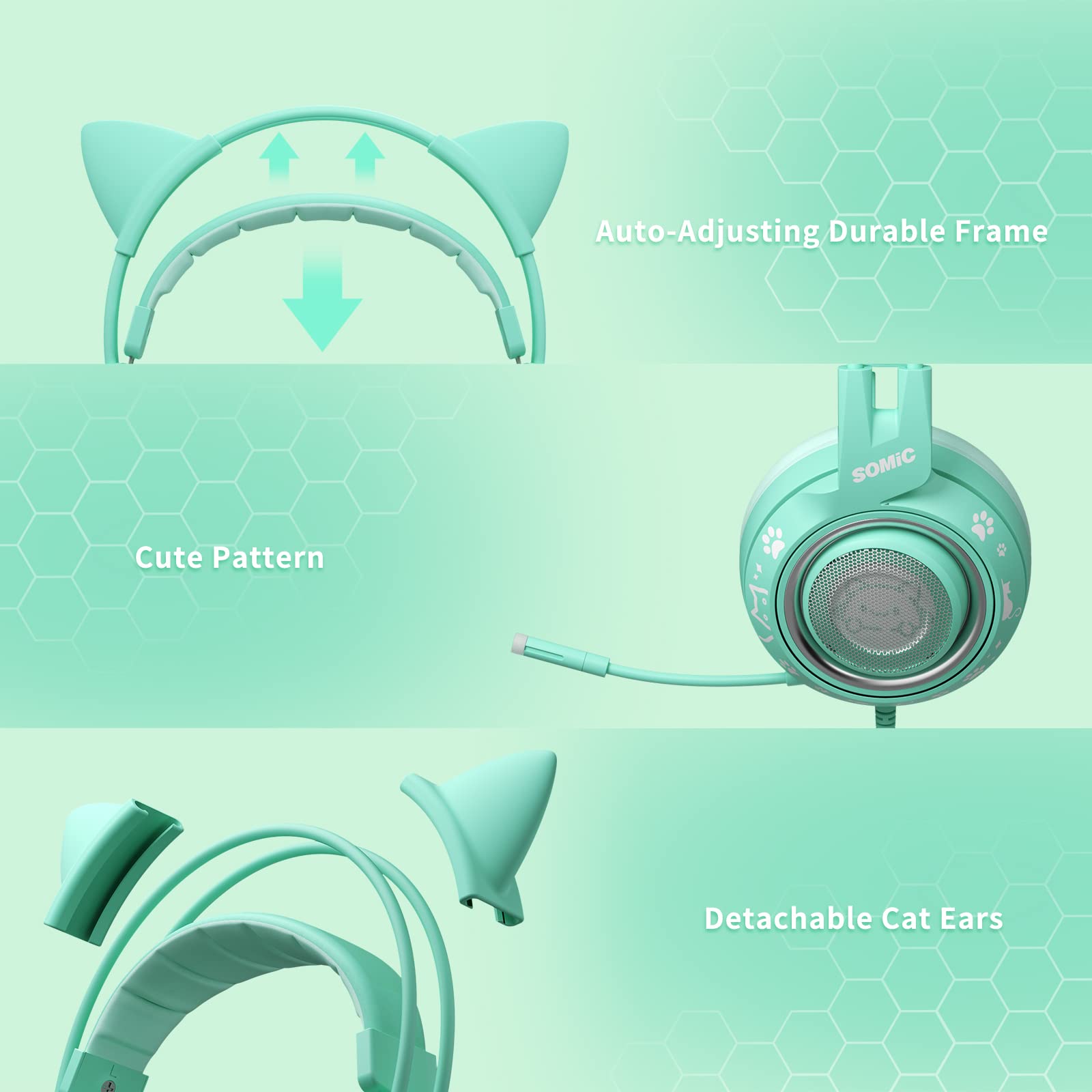 SOMiC G951S Green Cat Ear Gaming Headset with Microphone - Noise Cancelling Over-Ear Headphones for PS5, PS4, Xbox One, PC - Stereo Sound with In-Line Mic Control - Perfect for Women Gamers, Streaming & Online Classes