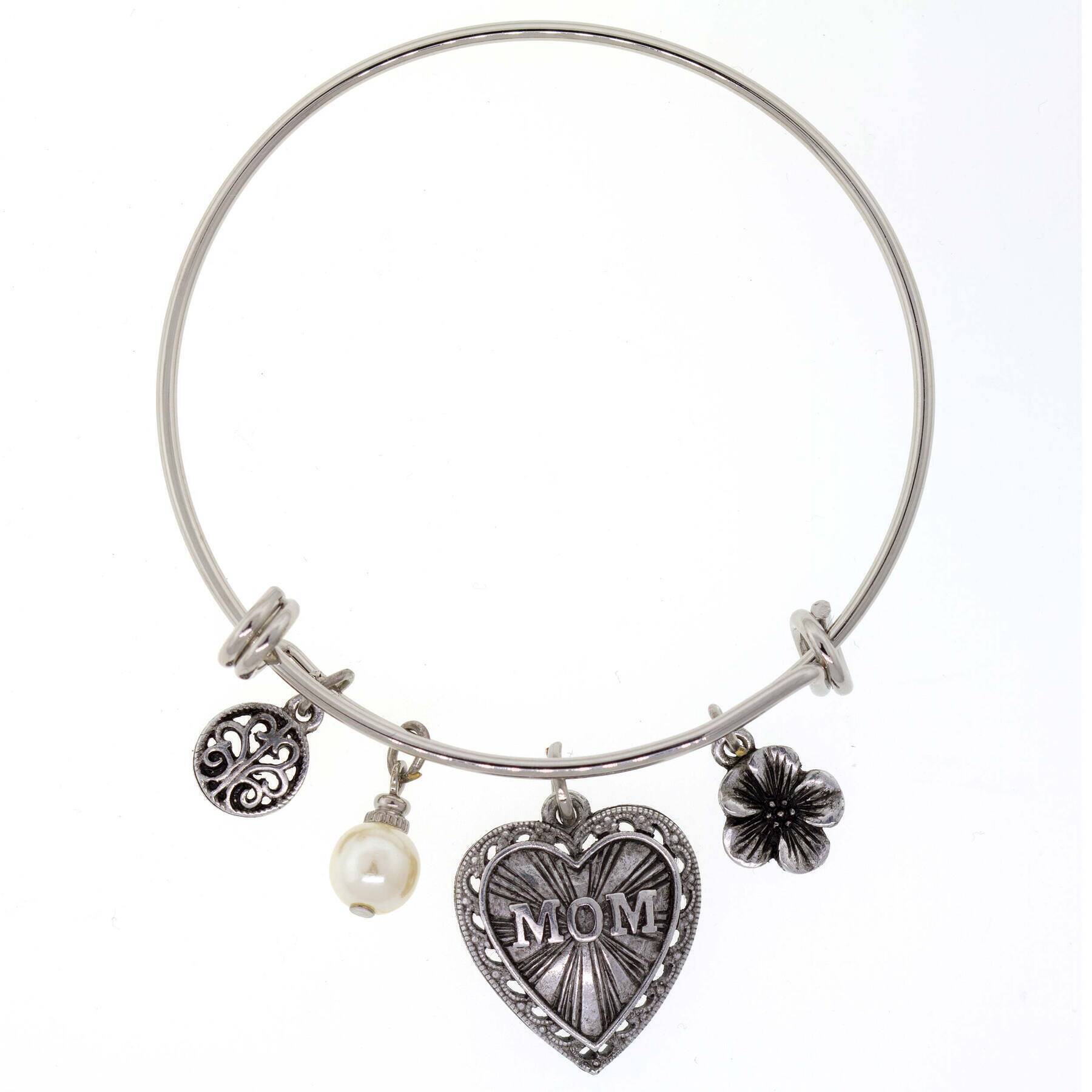 1928 Jewelry Mom Heart Flower White Faux Pearl Charm Bracelet - Elegant Gift for Mother's Day, Anniversary or Special Occasion