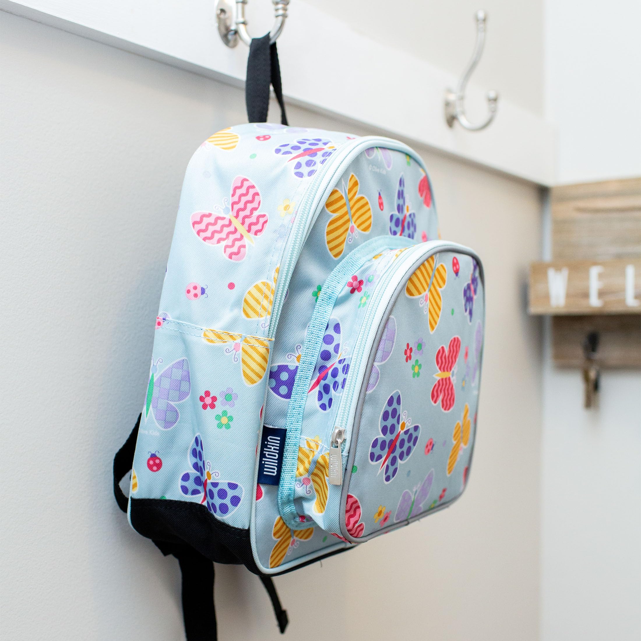Wildkin 12 Inch Kids Backpack with Nap Mat Cover - Butterfly Garden Design | Durable School Backpack for Boys & Girls | Perfect for Preschool, Daycare & Travel