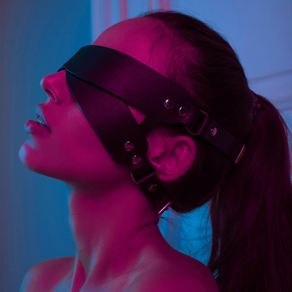 BDSM PU Leather Half Face Mask with Cross Strap - Blindfold Eye Cover for Adults & Couples - Fetish Bondage Restraints for Role Play, Sex Games & Sensual Exploration
