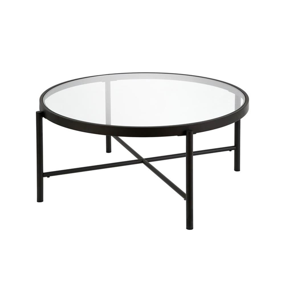 Pemberly Row 36-Inch Round Metal Coffee Table with Glass Top in Black & Bronze - Perfect for Living Room, Lounge, and Office Decor