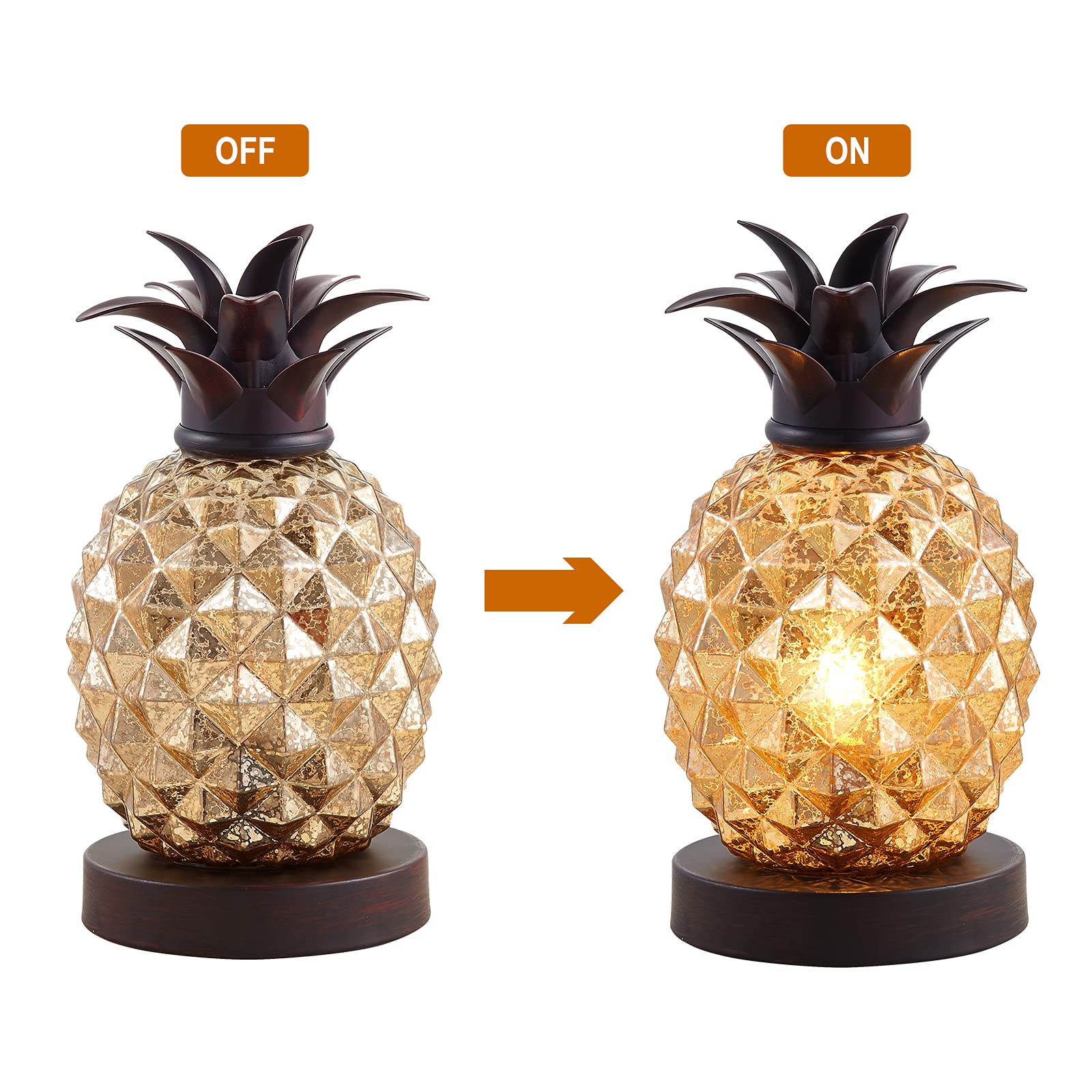 Golden Mercury Glass Pineapple Table Lamp - Elegant Night Light for Bedroom, Living Room, Kids Room, Kitchen & Dorm Decor | Perfect Gift & Festival Decoration (MJ0001)