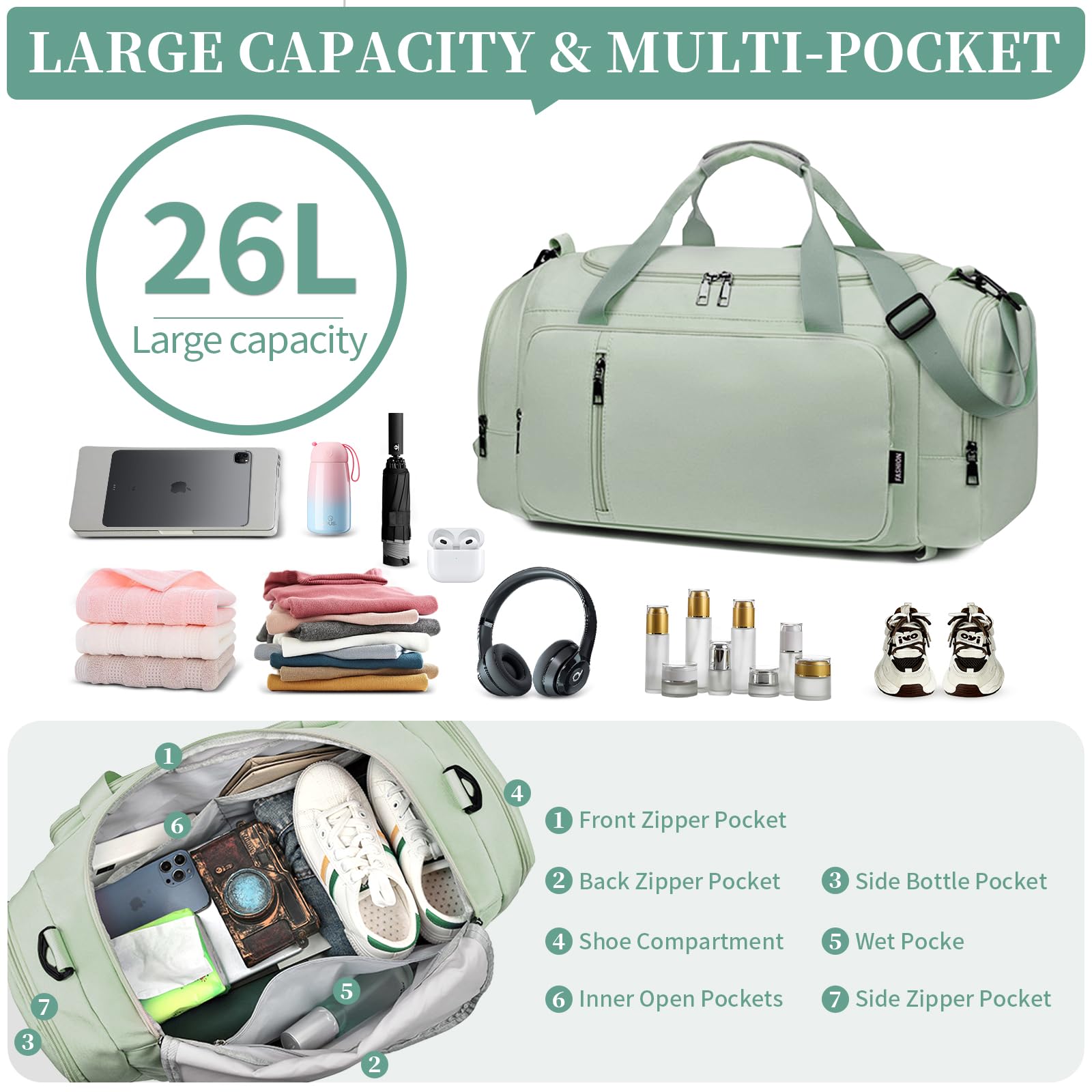 Women's Waterproof Travel Duffle Bag with Shoe Compartment & Wet Pocket - Gym, Weekend & Overnight Carry On Bag (Green) | Perfect for Workouts, Travel & Sports Trips
